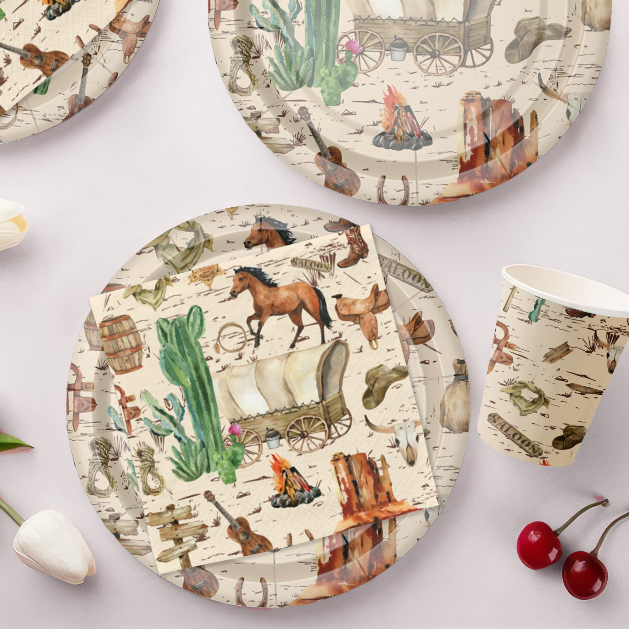 Western Cowboy Party Decorations & Tableware Set - Wild West Birthday, Baby Shower & Rodeo Party Supplies (Plates, Cups, Napkins, Tablecloth, Cutlery, Straws) | 24-Piece Dinnerware for Western Themed Events, Cowboy BBQs & Ranch Parties