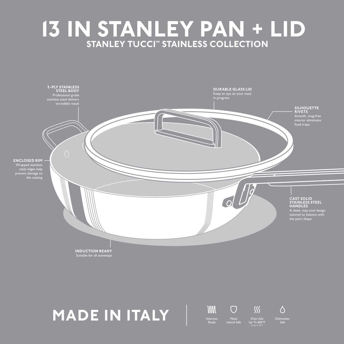 Stanley Tucci™ 6.5 Quart Stainless Steel Cookware Set with Glass Lid - Perfect for Boiling, Steaming & Slow Cooking Soups, Pasta & Family Meals