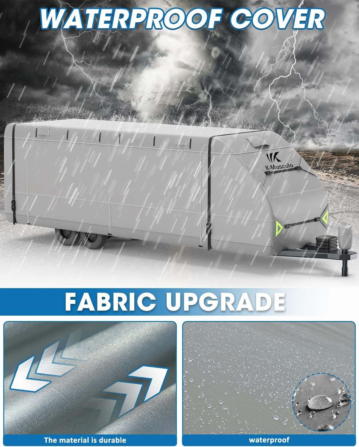 **K-Musculo Heavy Duty RV Cover for 20-22 FT Travel Trailers – 8-Layer Reinforced Corners, Windproof & Waterproof Camper Cover with 4 Tire Covers & Tongue Jack Cover (2024 Model) – Perfect for Winter Storage, Outdoor Protection & Long-Term Travel Use**