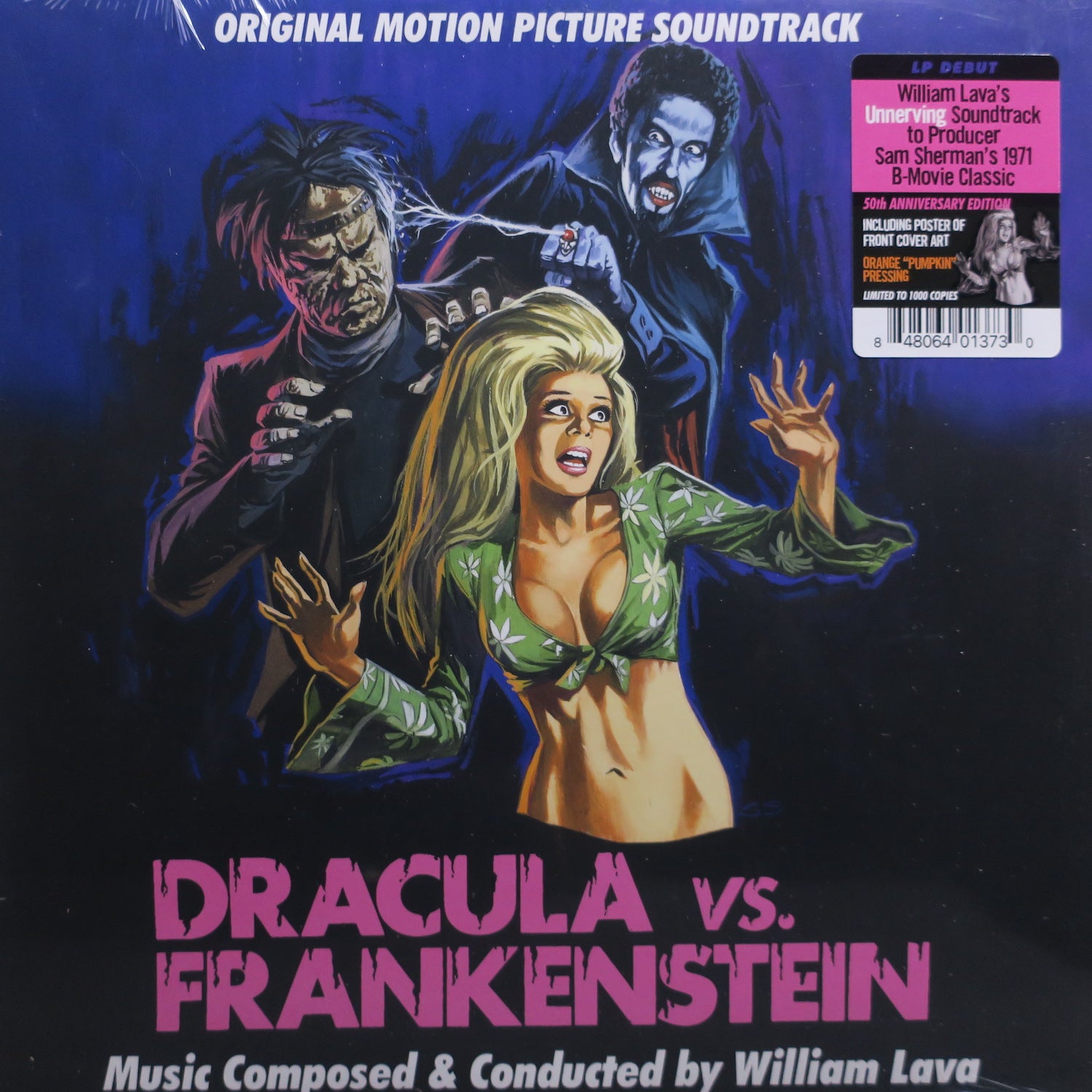 DRACULA Vs. FRANKENSTEIN Original Soundtrack Orange Vinyl LP Record - Horror Movie Music for Halloween Parties & Film Collector's Display