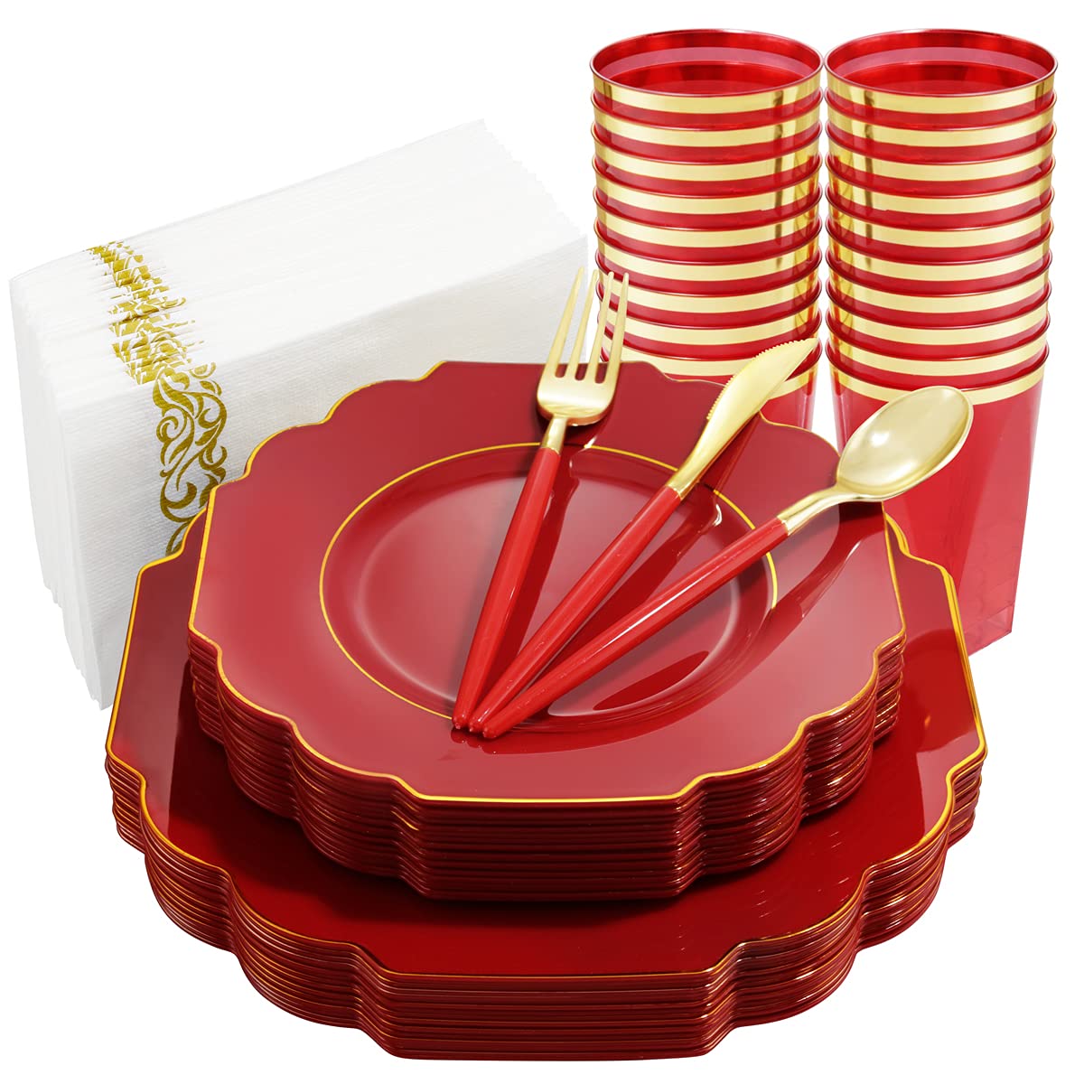 140-Piece Red and Gold Disposable Party Tableware Set - 40 Plastic Plates, 20 Cups, 20 Forks, 20 Knives, 20 Spoons & 20 Napkins for Weddings, Birthdays, Baby Showers & Holiday Gatherings - Elegant Dinnerware for Special Occasions