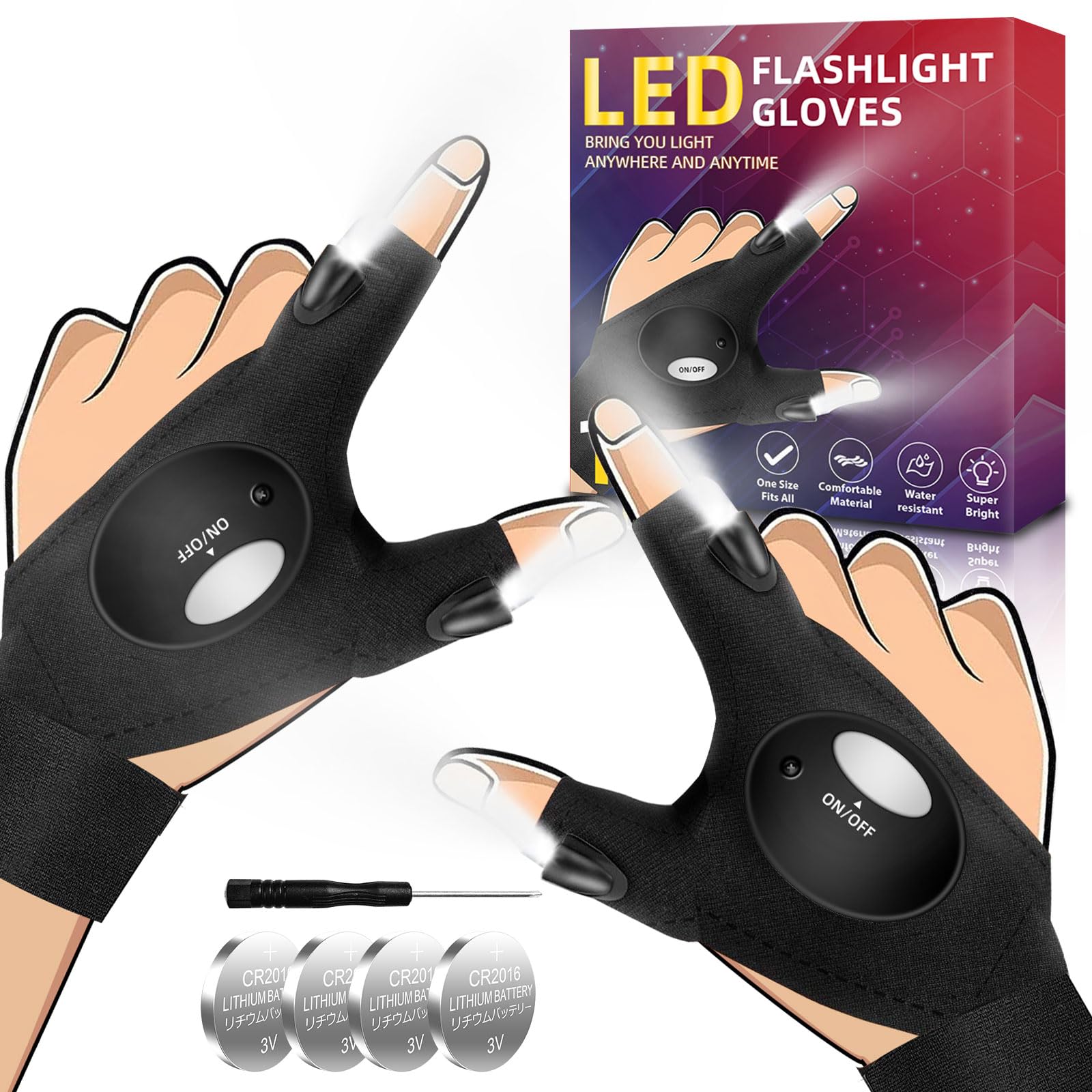 LED Flashlight Gloves for Men - Perfect Father's Day, Christmas & Birthday Gifts from Daughter, Son or Wife - Cool Gadgets for Repairing, Fishing & Camping - Black Finger Lights for Dad, Boyfriend & Men