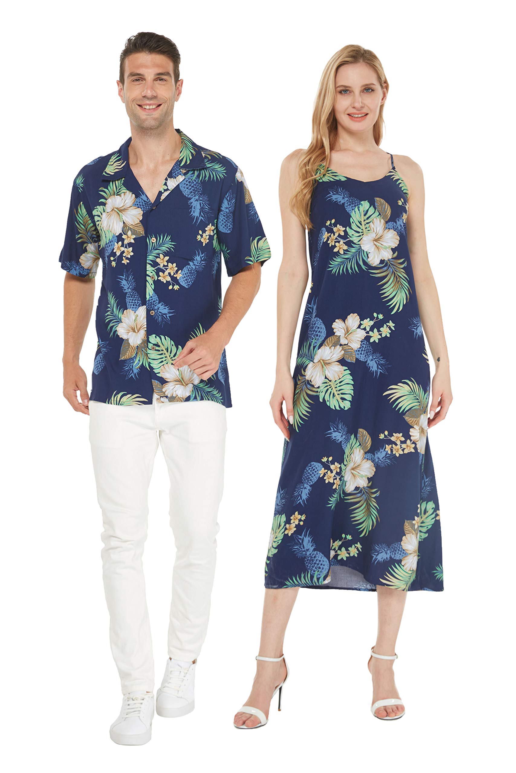 Hawaiian Couple Matching Aloha Shirts & Maxi Tank Dress Set - Pink Hibiscus Vine Print - Tropical Beach Vacation Outfits for Luau Party & Summer Date Night