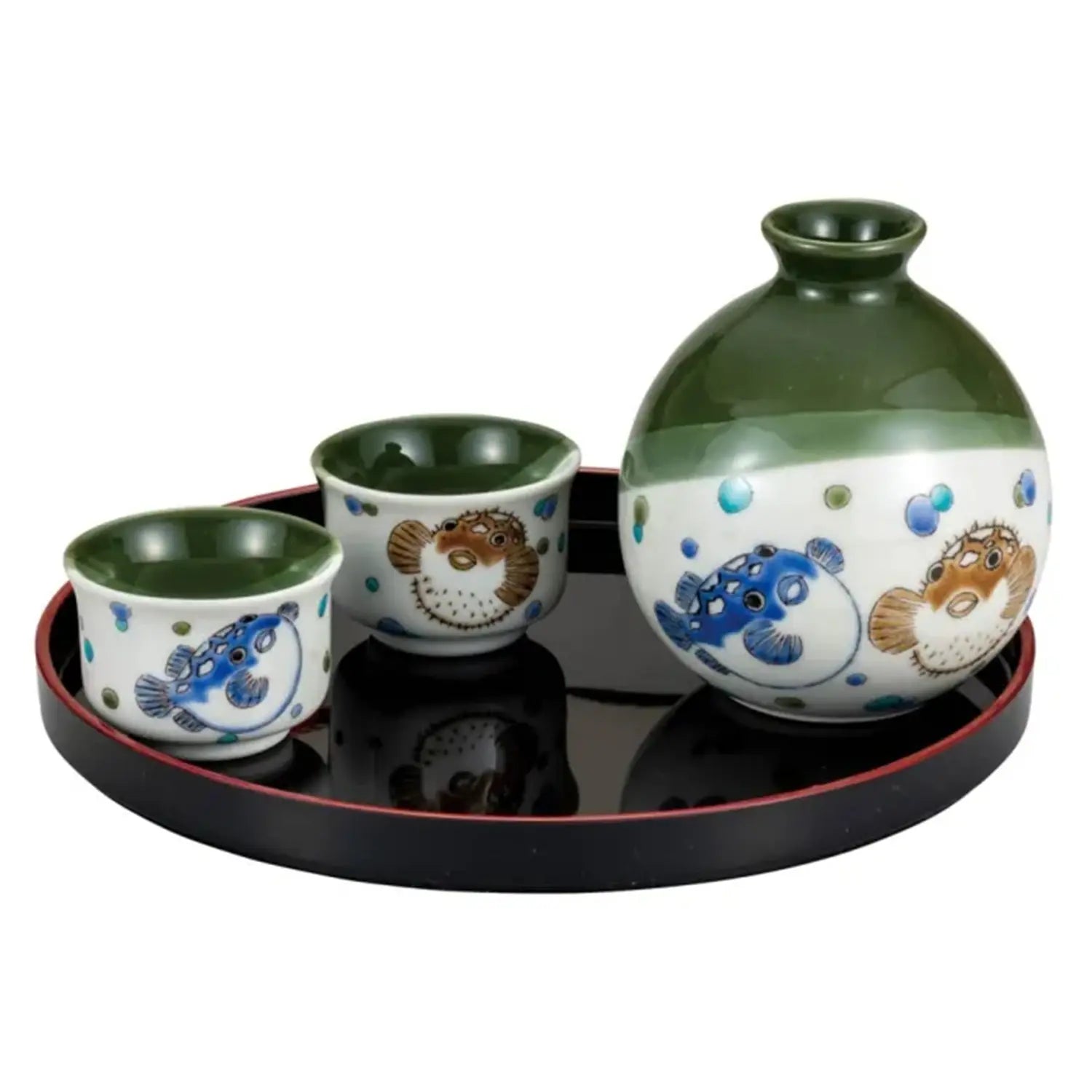 Premium Kutani Ware Japanese Porcelain Sake Set with Blowfish Design - Perfect for Traditional Tea Ceremonies, Gift Giving & Home Decor
