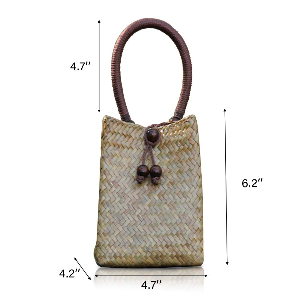 Mini Retro Straw Handbag - Boho Rattan Tote with Wood Bead Tassel for Beach & Travel