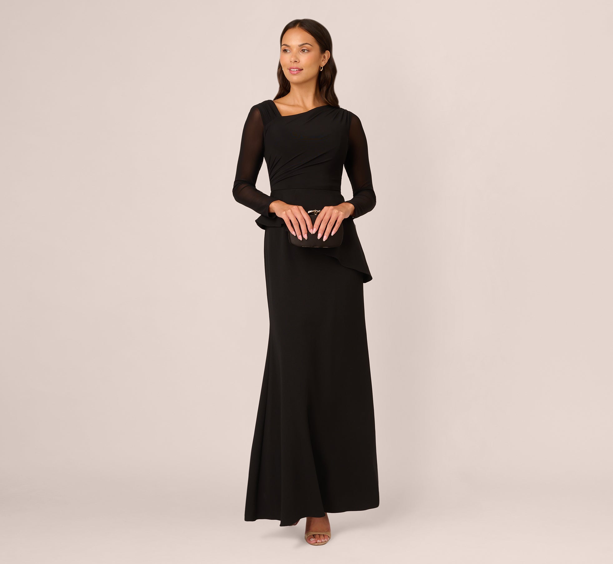 Black Knit Crepe Combo Mesh Gown - Elegant Evening Dress for Parties, Weddings & Special Occasions