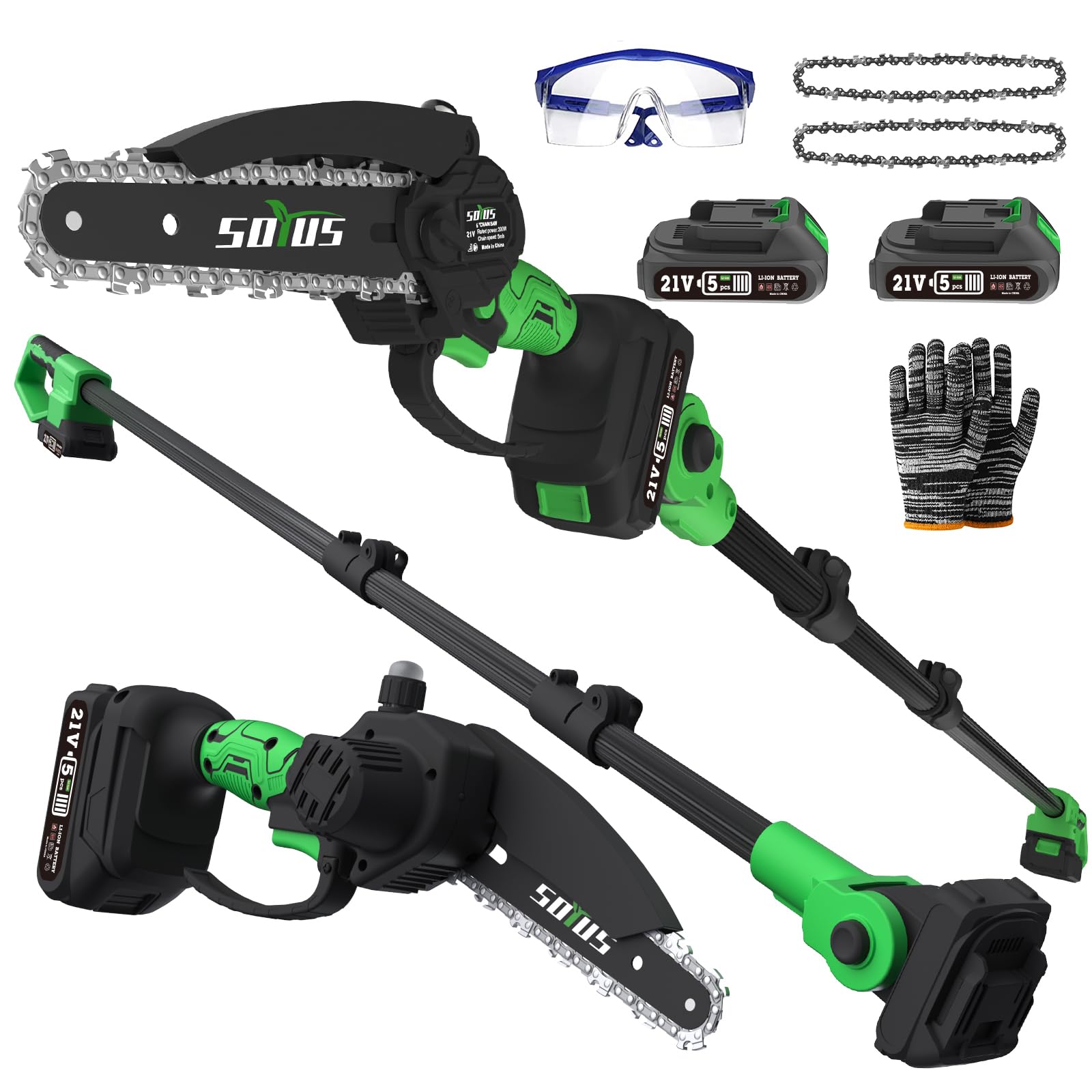 SOYUS 21V 6-Inch 2-in-1 Cordless Pole Saw and Mini Chainsaw - Battery Powered Electric Chainsaw with Auto Oiling System - 14FT Max Reach for Tree Trimming - Includes 2x2.0Ah Batteries & Charger - Perfect for Landscaping, Gardening, and DIY Home Projects