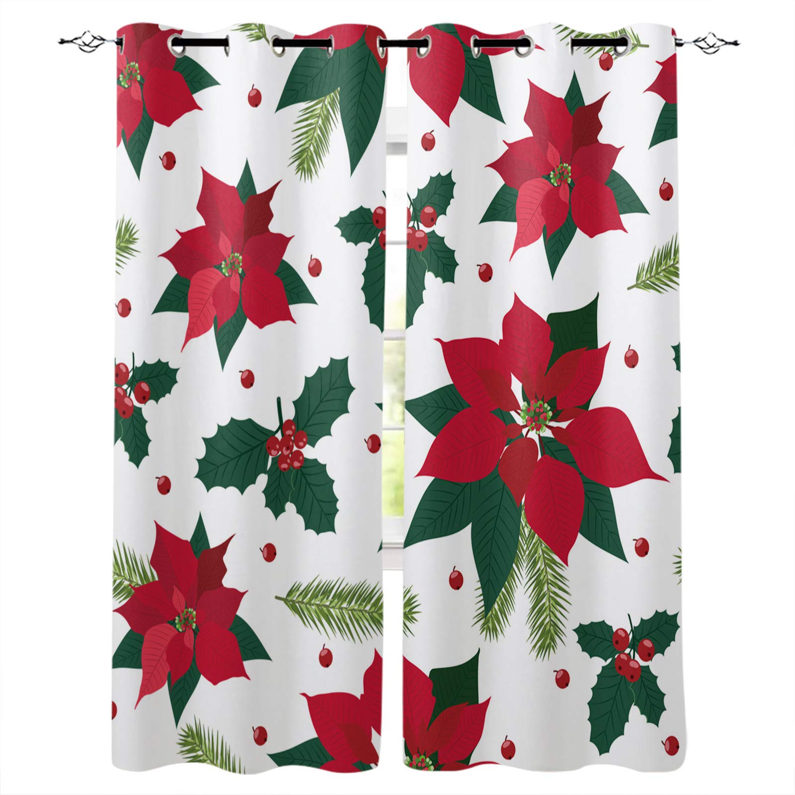Blackout Curtains 84 Inch Length - Thermal Insulated Room Darkening Drapes for Bedroom & Living Room | Christmas Red Flowers & Berry Design | Perfect for Sliding Glass Doors, Home Decor, and Light Control
