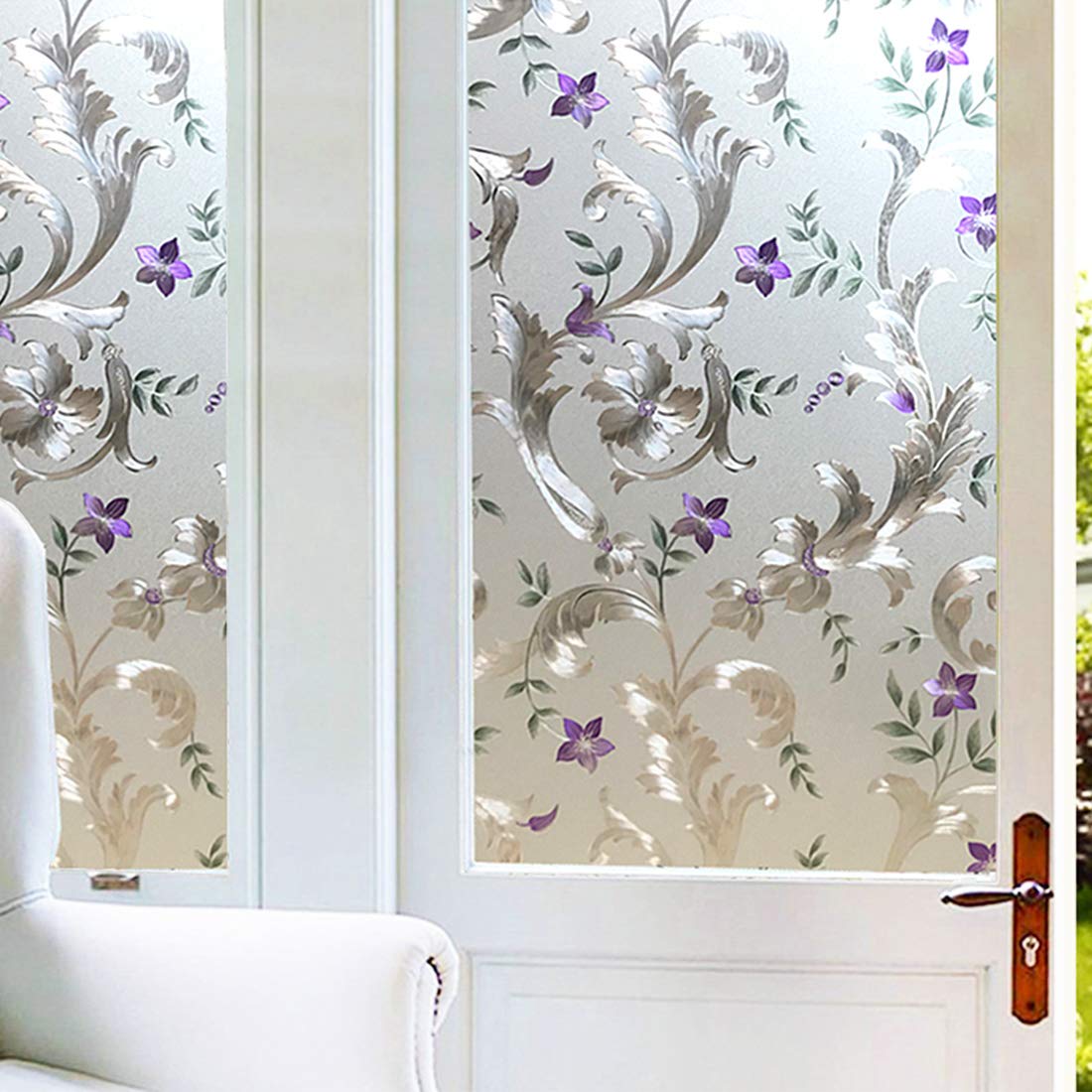 Frosted Iris Flower Static Cling Window Film - Non-Adhesive Privacy Door Cover, Removable Stained Glass Decoration with UV Protection & Heat Control (17.5x78.5 Inch) - Perfect for Bathroom, Bedroom, Office & Home Decor