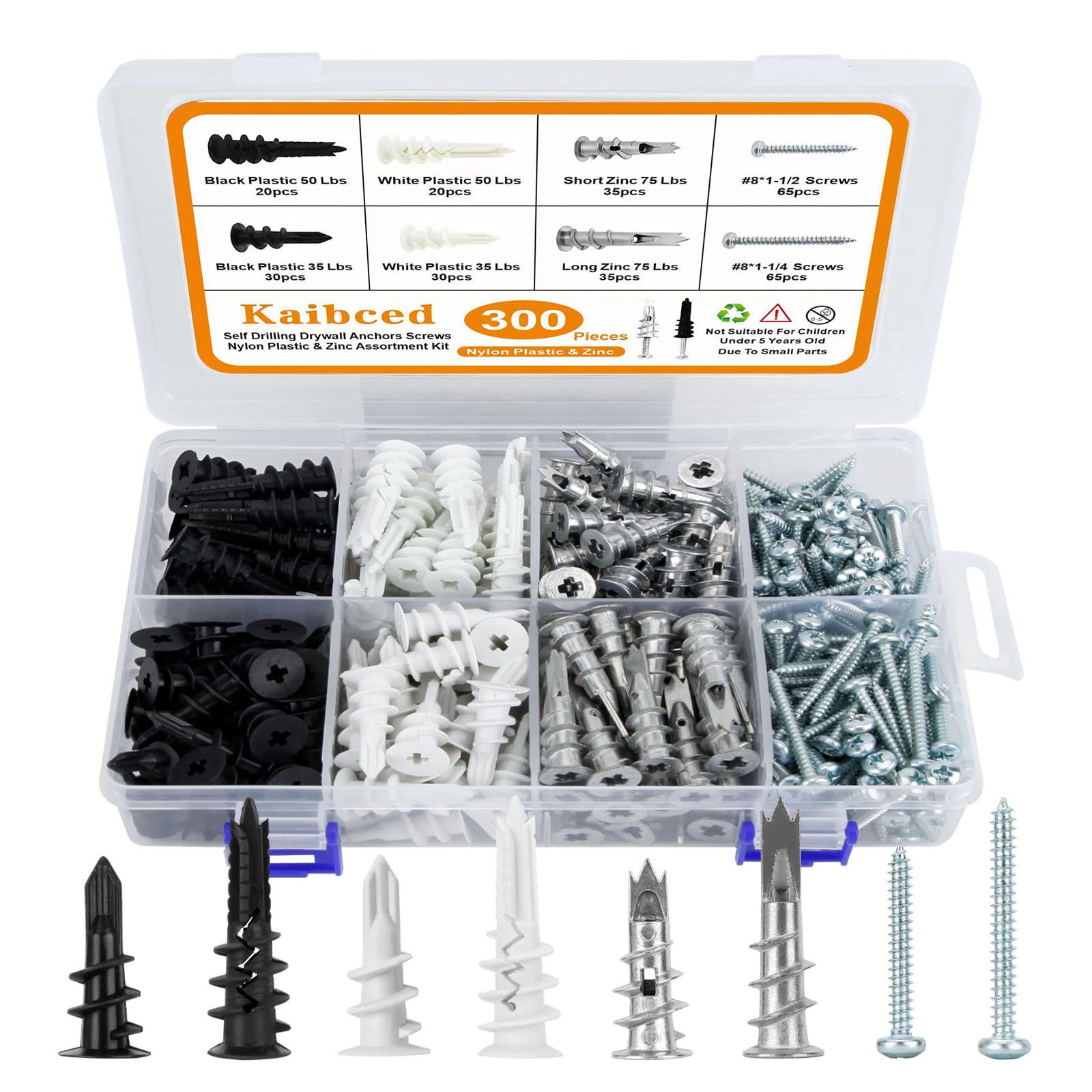 300 PCS Self-Drilling Drywall Anchors & Screws Kit - Heavy Duty Wall Anchors for Drywall, Sheetrock, Hollow Doors & Plaster Walls - Includes Organizer Box for Easy Storage - Perfect for Home Improvement & DIY Projects