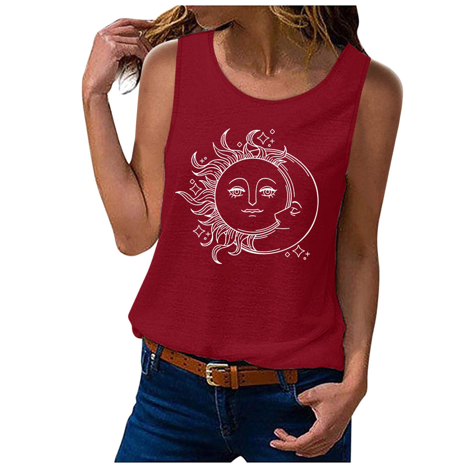 Women's Casual Sleeveless Printed Tank Top - Fashion Sun & Moon Graphic Blouse, Round Neck White Shirt for Summer Outfits, Beachwear, and Layering