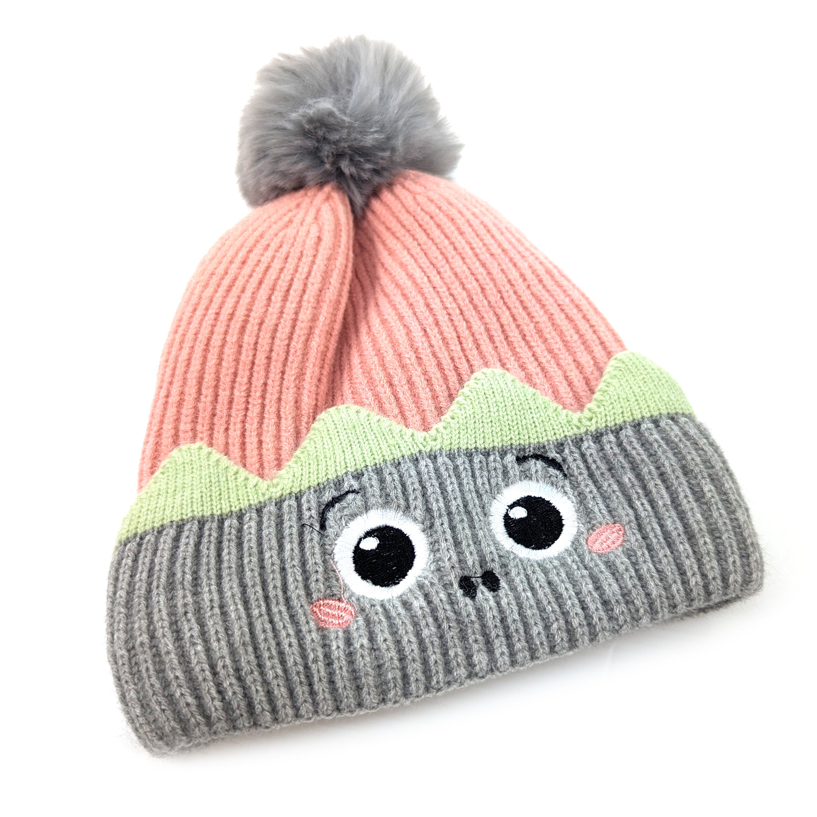 Kids Monster Bobble Hat - Pink & Grey Winter Beanie for Boys & Girls (Ages 2-8) | Cute Animal Ear Hat for Outdoor Play, School & Family Photos