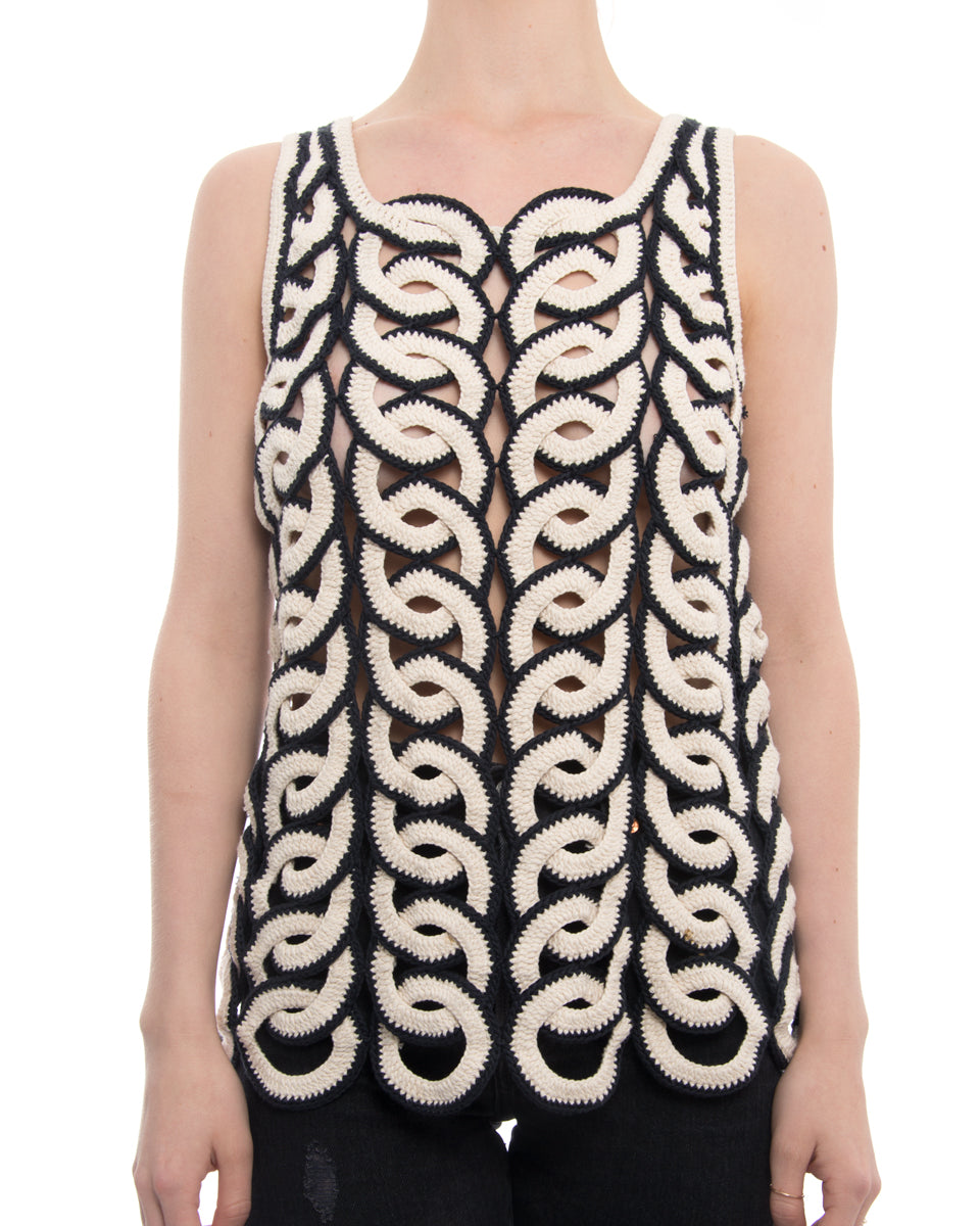 Chloe Ivory and Navy Circular Crochet Tank Top for Women - Breathable Summer Beachwear, Boho Chic Style, Perfect for Vacation & Outdoor Activities