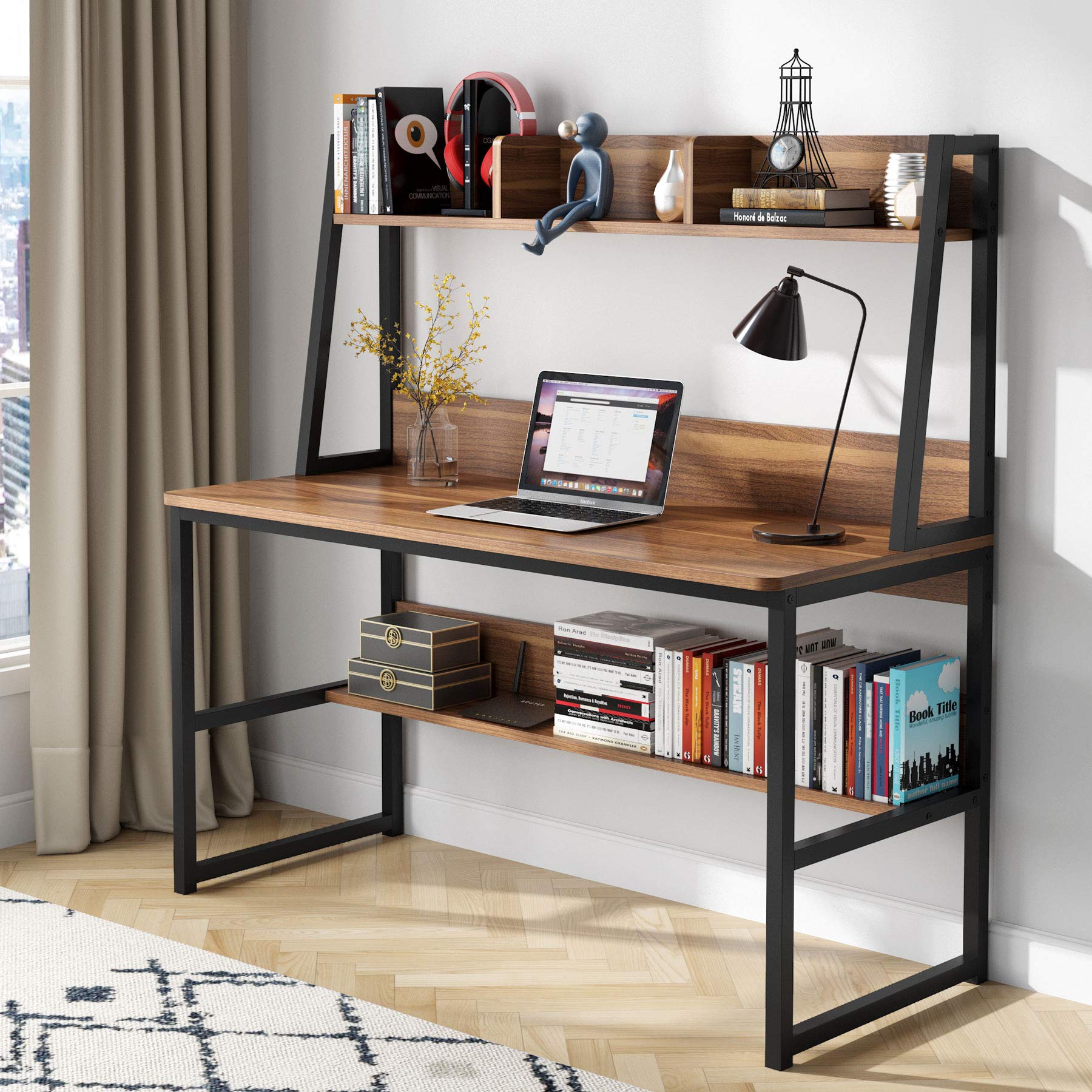 Tribesigns 47 Inch Modern Computer Desk with Hutch & Bookshelf - Sturdy Home Office Desk, Study Writing Table in Dark Walnut - Perfect for Remote Work, Gaming & Small Space Home Offices