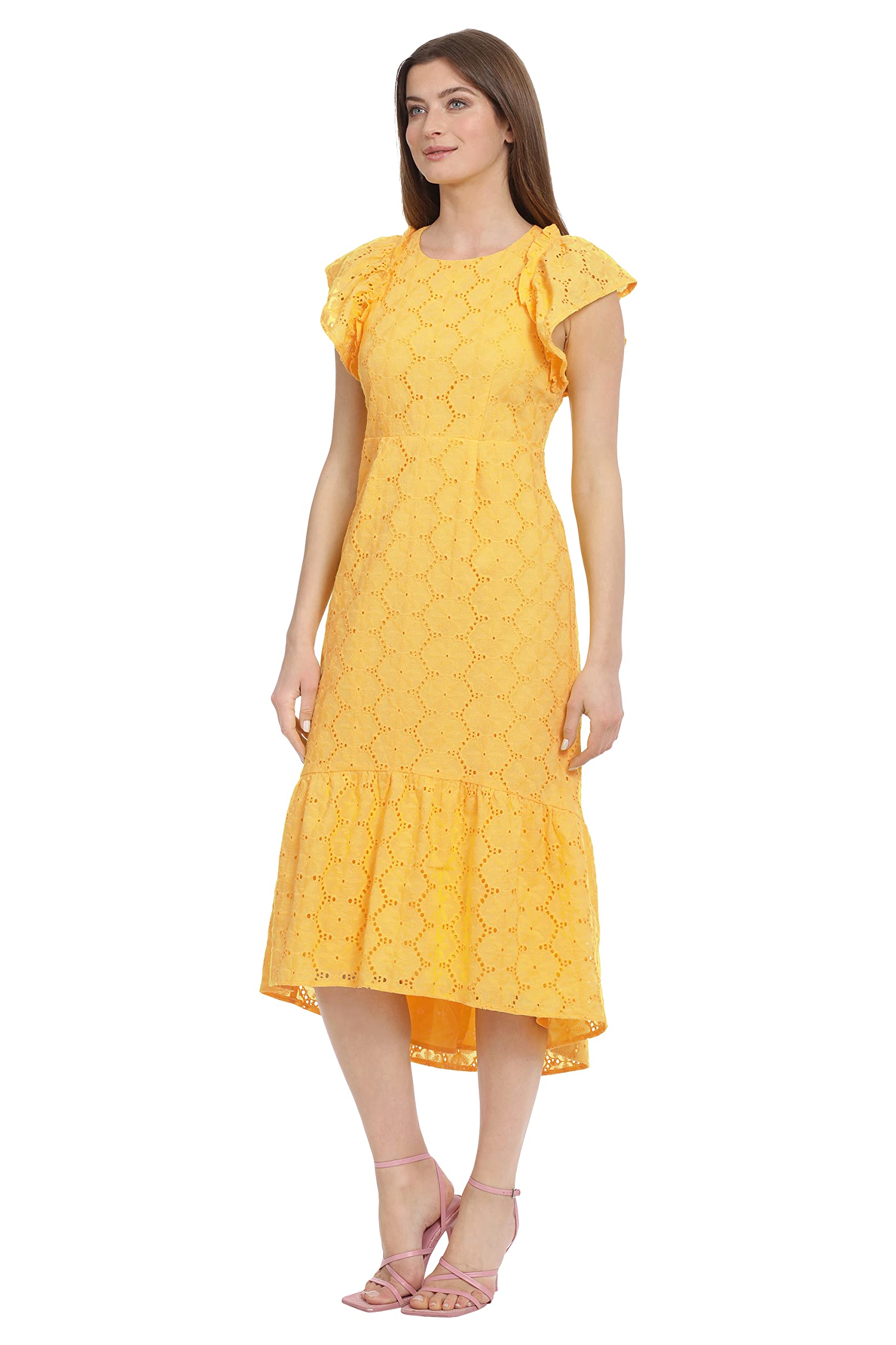 Maggy London Women's Jewel Neck Flutter Sleeve Midi Dress - Elegant Floral Print Party & Cocktail Dress for Wedding, Office & Special Occasions