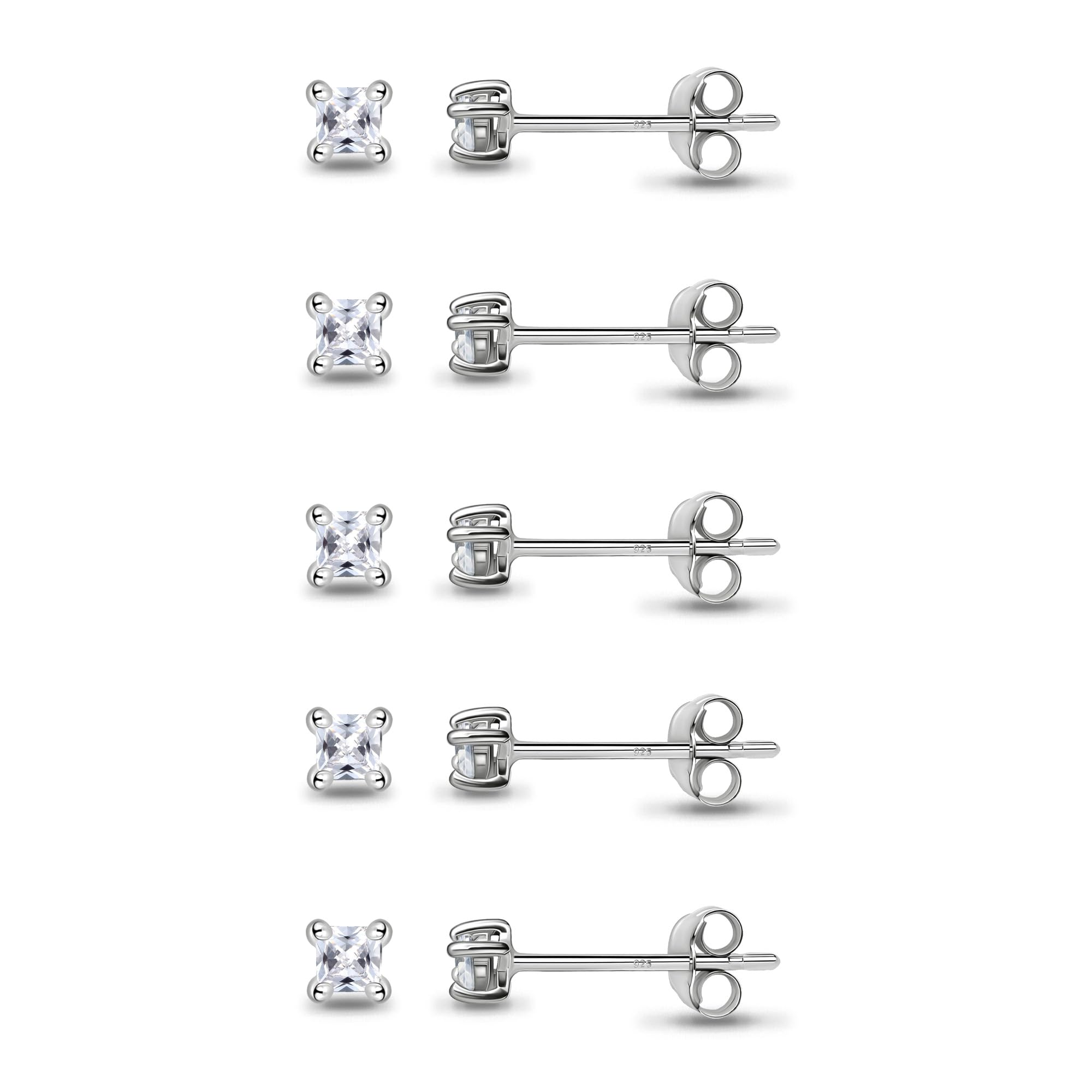 Sterling Silver 2mm Princess Cut Cubic Zirconia Cartilage Stud Earrings Set for Women & Men - Perfect for Helix, Tragus, and Conch Piercings