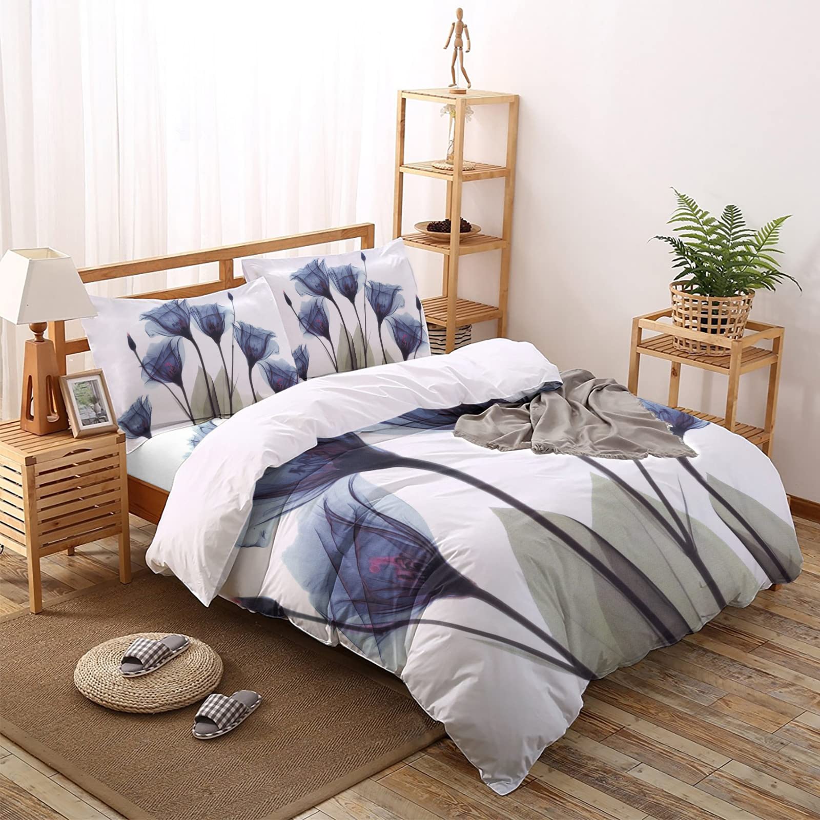 Cal King Duvet Cover Set - 4 Piece Blue Spring Floral Comforter Cover with Rustic Tulip Design, Lightweight Microfiber Soft Bedding for Adults & Teens | Perfect for Master Bedroom, Guest Room & Dorm Decor