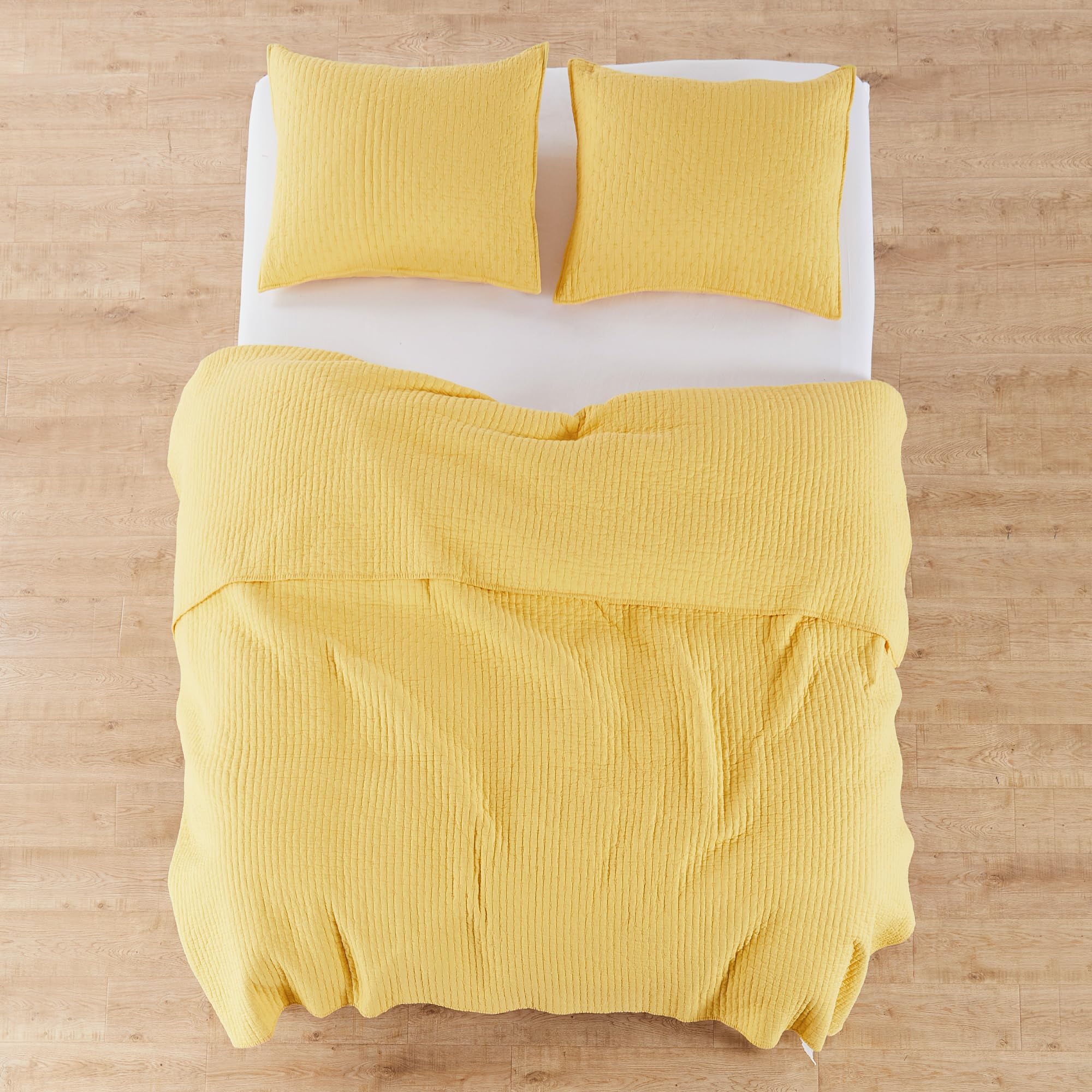 **Levtex Home - 100% Cotton Reversible Cross Stitch Yellow Quilt Set - King/Cal King Size (106x92in) + 2 King Shams (36x20in) - Soft & Breathable Cotton Fabric - Perfect for Bedroom & Guest Room Decor**
