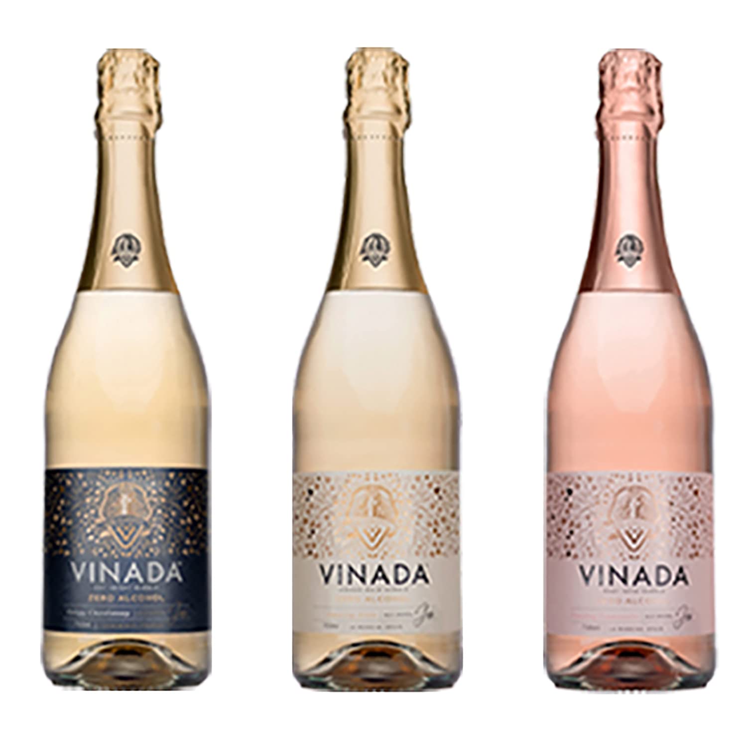 VINADA Alcohol-Free Sparkling Wine Variety Pack - Crispy Chardonnay, Gold & Rosé - 750ml (3 Bottles) | Perfect for Parties, Weddings & Sober Celebrations | Vegan & Gluten-Free Non-Alcoholic Beverage