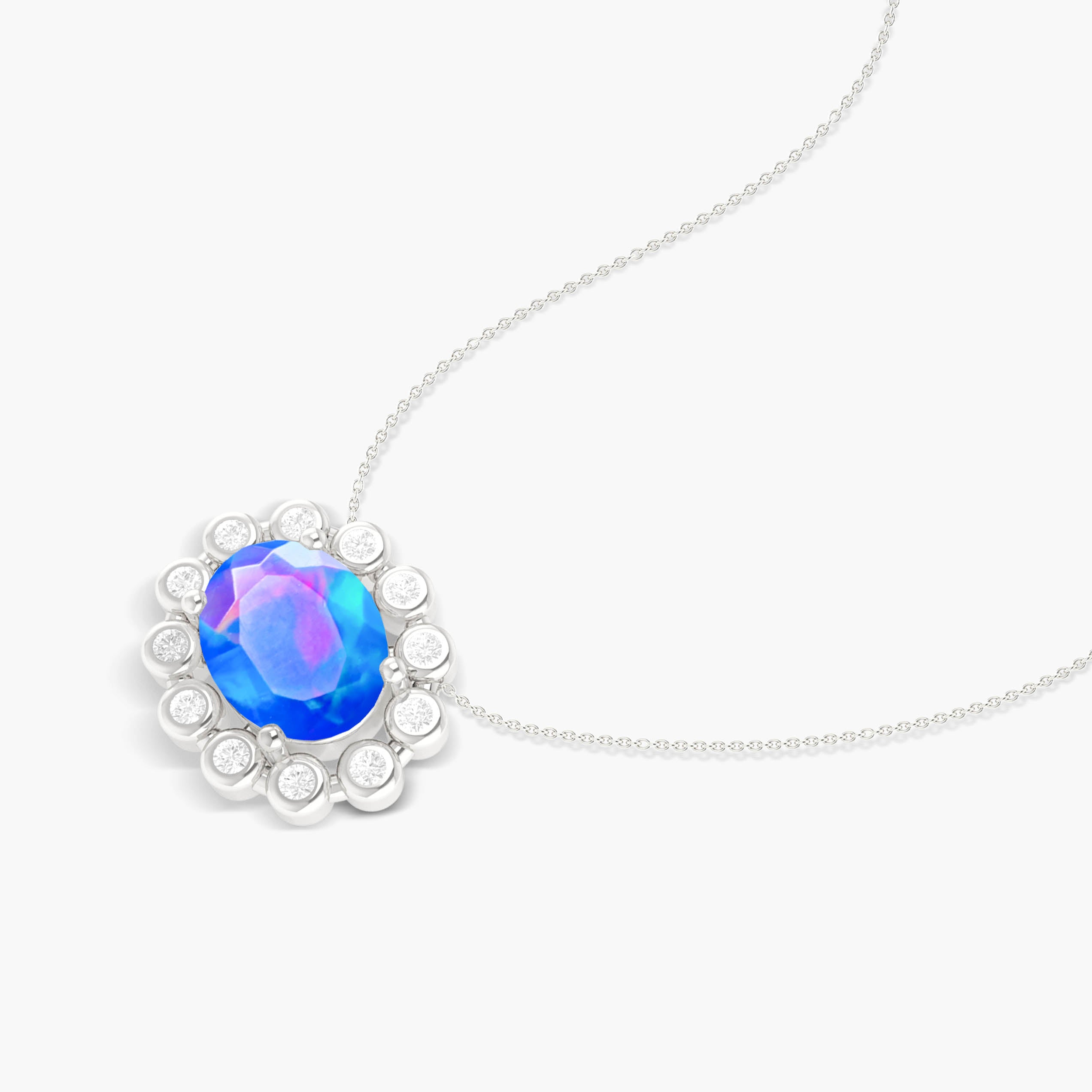 Exquisite Bezel Set Blue Opal & Zircon Oval Pendant Necklace – Perfect for Weddings, Parties & Special Occasions