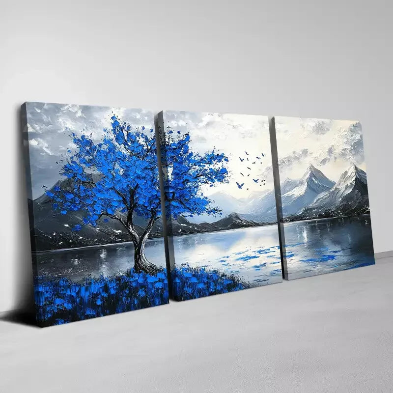 3-Piece Abstract Blue Tree Lake Mountain Painting Wall Art Set - Framed Canvas 50x70cm (20x28in) - High Quality Print - 100% Australian Made - Ready to Hang - Perfect for Living Room, Bedroom & Office Decor