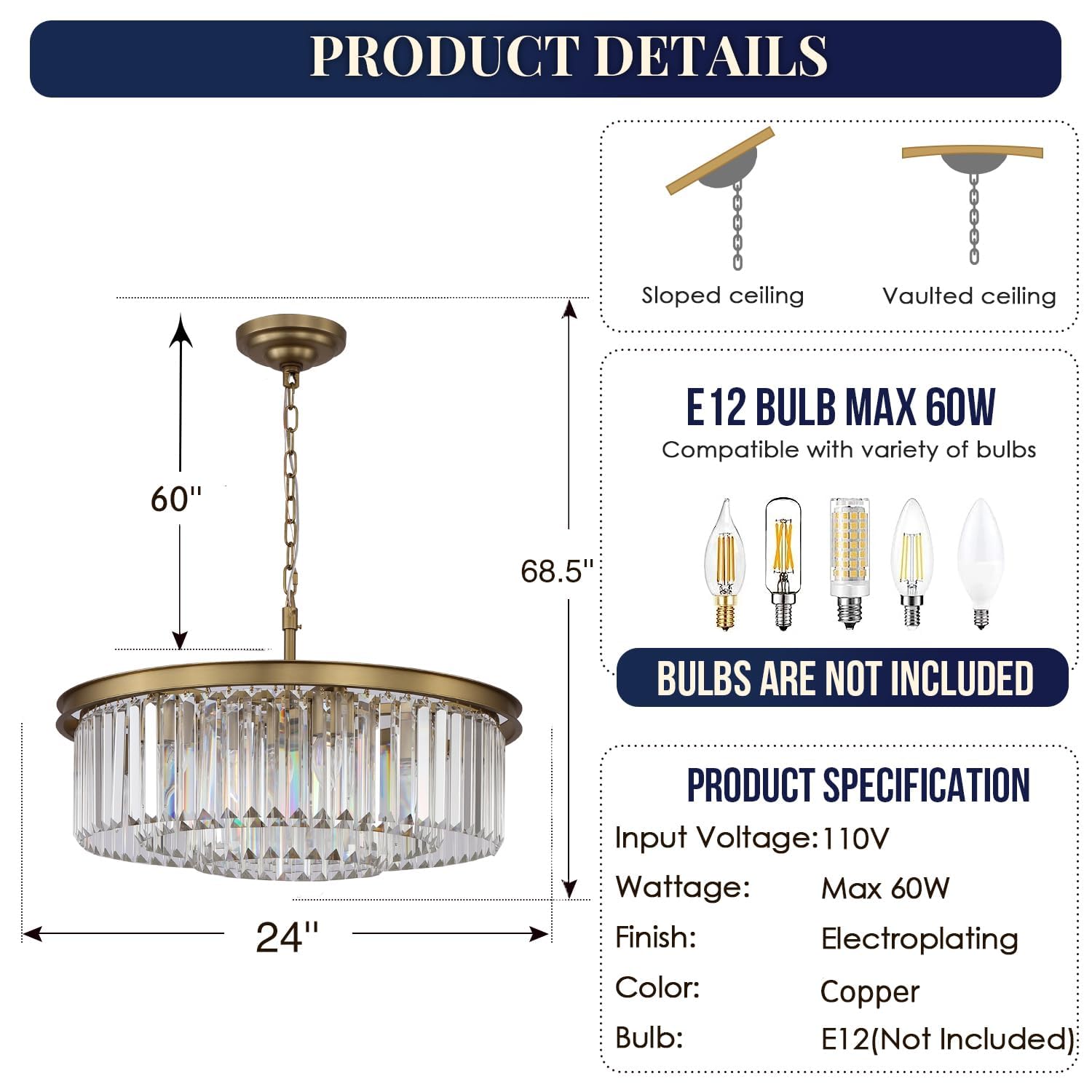 Crystal Chandelier Pendant Ceiling Light Fixture - 8-Light Gold Chandelier for Dining Room, Living Room, Foyer & Hallway - 24 Inch Diameter - Elegant Lighting for Home Decor & Special Occasions