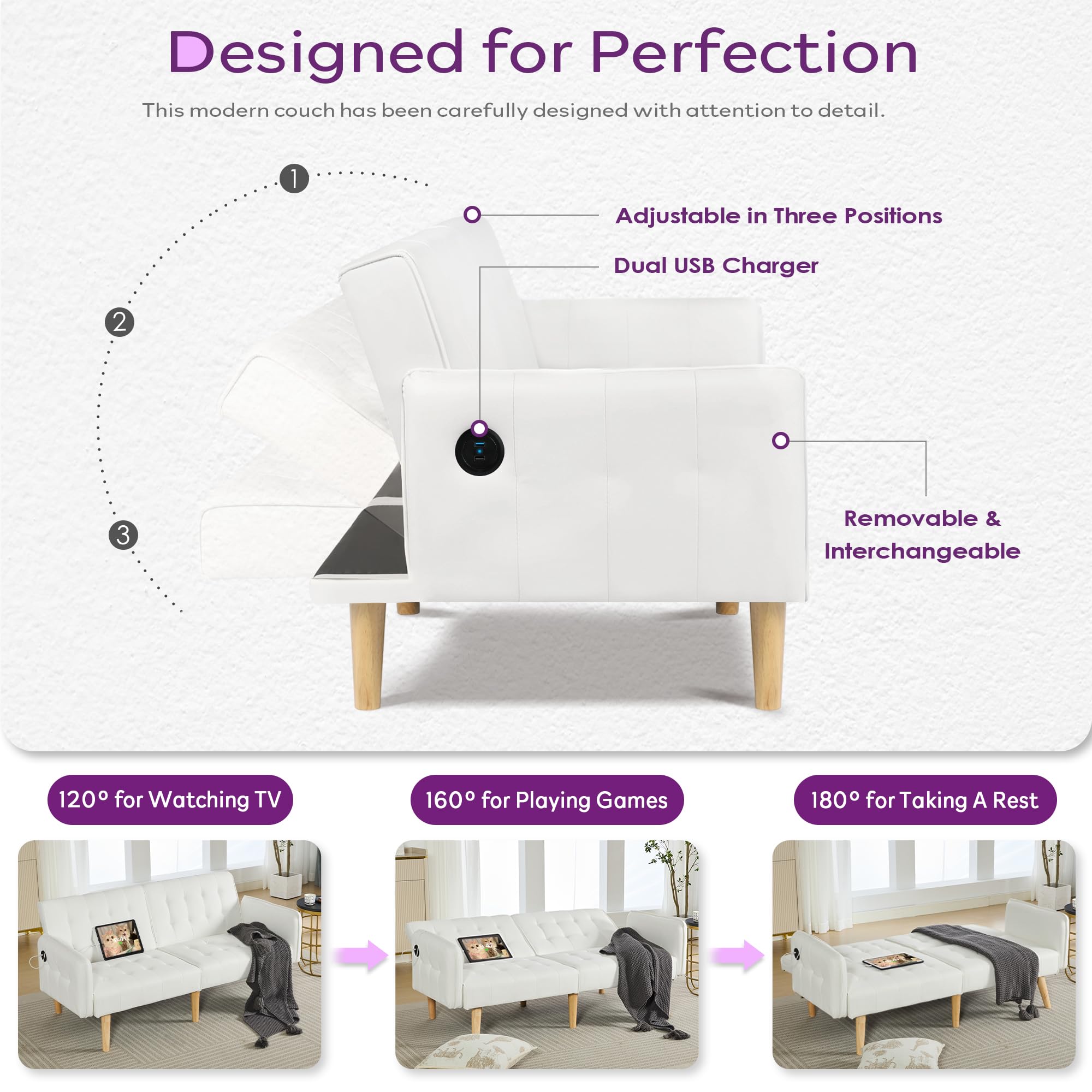 Modern Faux Leather Convertible USB Folding Futon Sofa Bed - 65