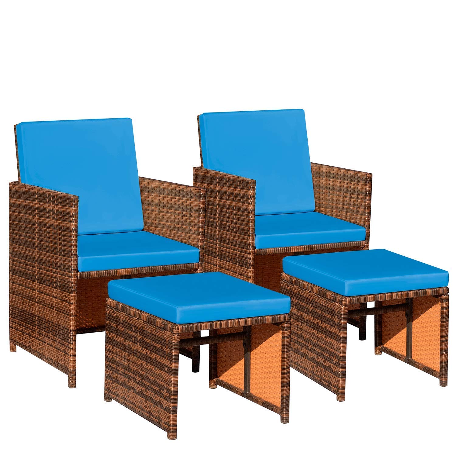 Devoko 4-Piece Outdoor Patio Furniture Set - All-Weather Wicker Chairs with Cushions & Ottomans for Balcony, Porch, Garden, Poolside (Blue) - Perfect for Relaxing, Entertaining & Lounging