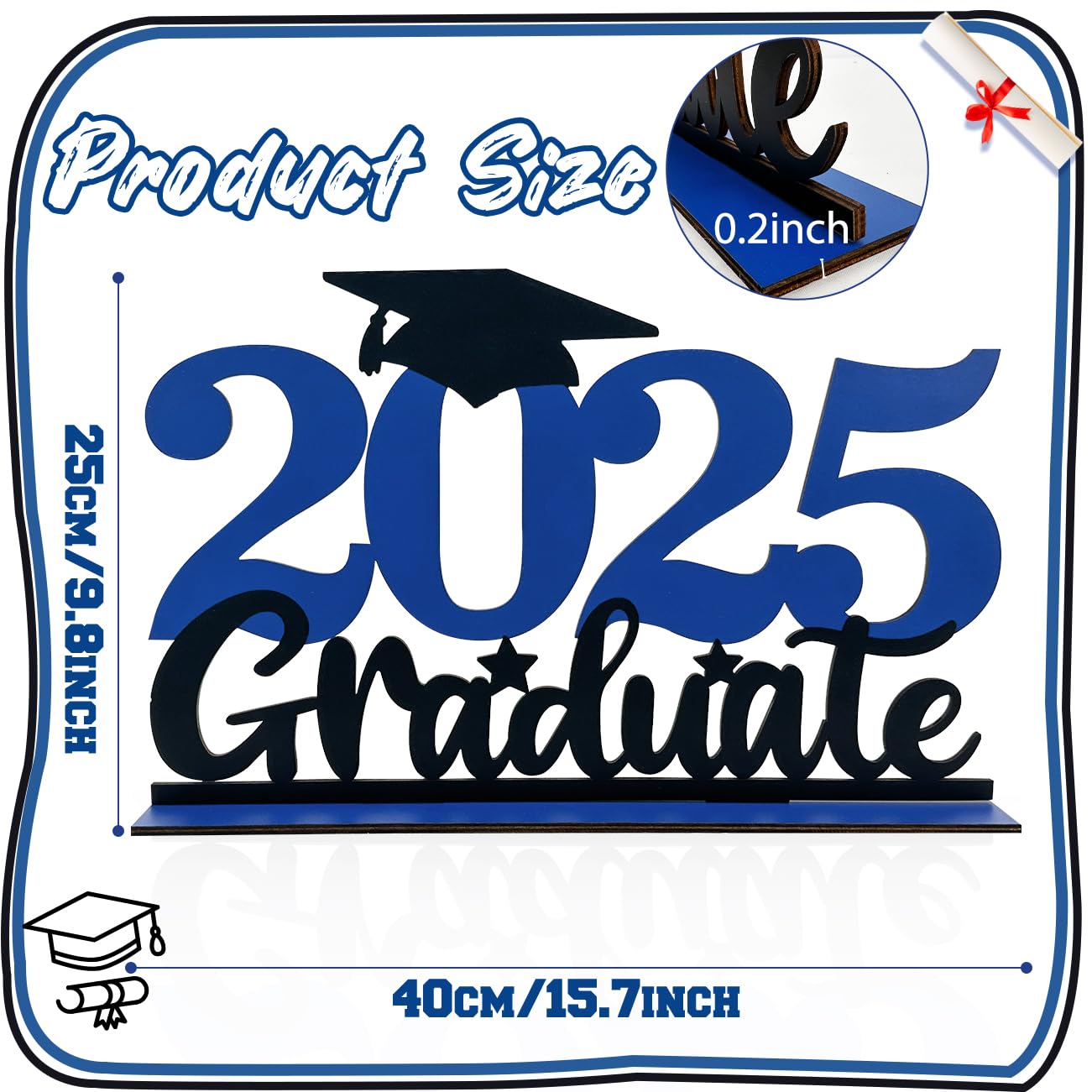 Class of 2025 Graduation Party Decorations - Wooden Table Centerpiece Sign (15.74x9.84 Inch) for Graduation Favors & Supplies - Perfect for High School/College Graduation Ceremonies, Photo Booths & Party Decor (Blue)