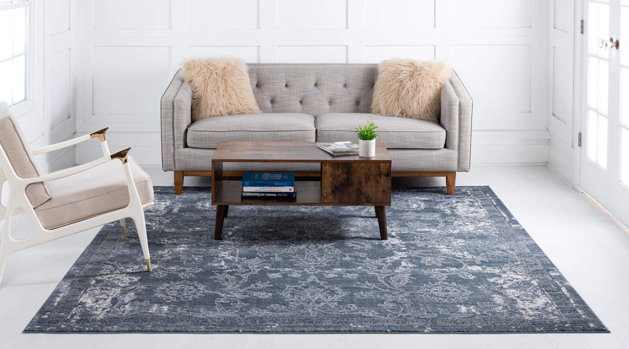 Premium 8x8 Ft Blue Low-Pile Area Rug - Oregon Collection for Living Room, Bedroom & Entryway - Soft Modern Floor Carpet for Home Decor