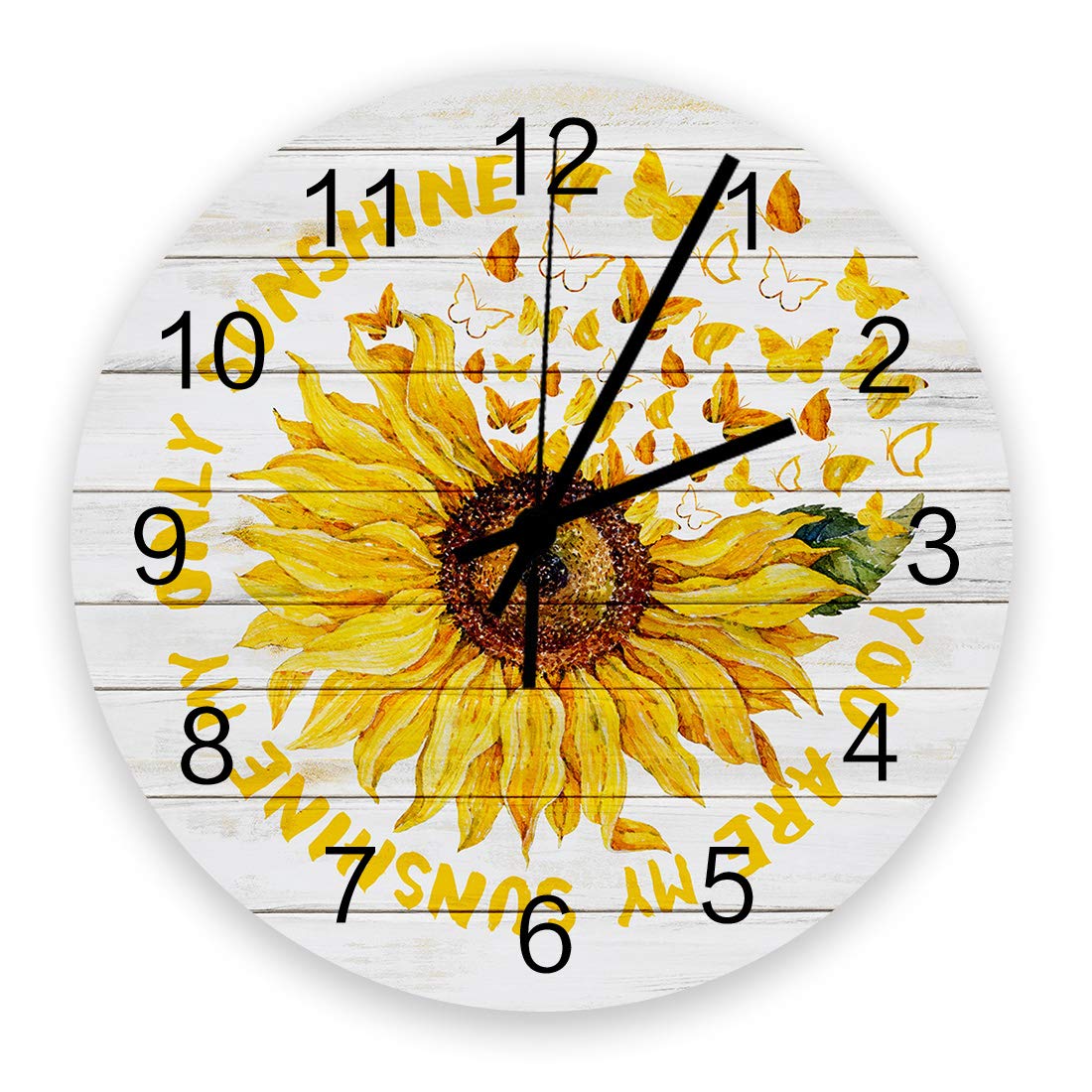 12 Inch Sunflower Wooden Wall Clock with Butterfly Design - Silent Non-Ticking Battery Operated Round Clock - Rustic Wood Grain Decor for Bedroom, Bathroom, Office & Living Room Wall Decor | Perfect for Farmhouse, Boho & Vintage Home Decor Styles