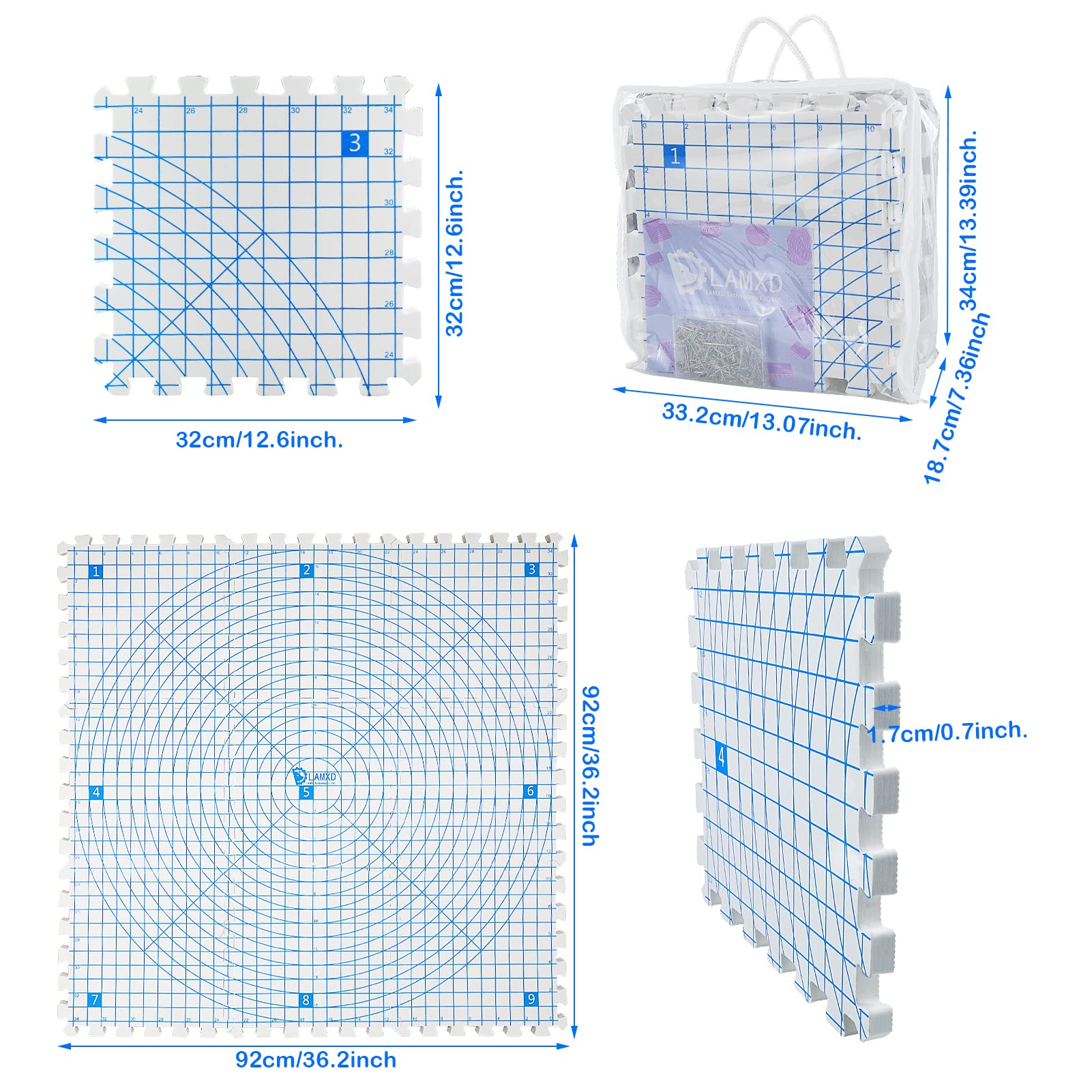LAMXD Extra Thick Knitting Blocking Mats with Grids - 9 Pack Premium Blocking Boards for Crochet, Needlework & Yarn Projects with 200 T-Pins - Perfect for Blocking Shawls, Sweaters & Handmade Garments