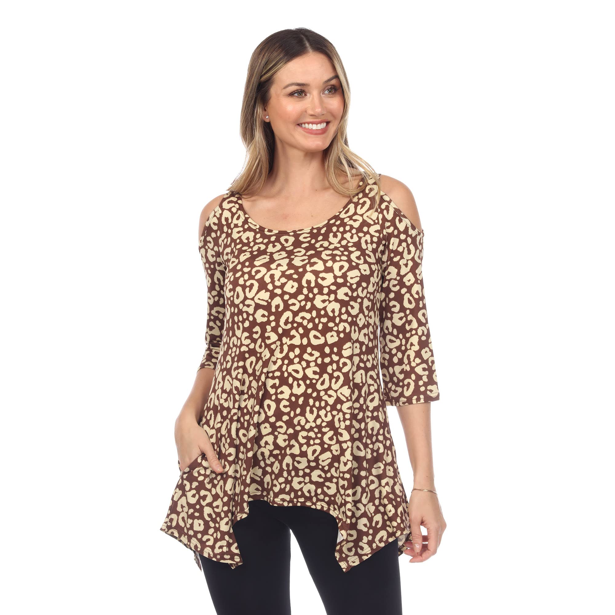 Women's Cold Shoulder Leopard Print Tunic Top with Pockets - Stylish Casual Blouse for Summer Outfits, Date Nights & Vacations