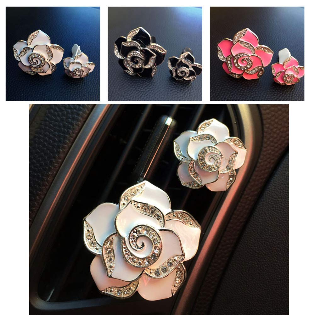 2Pcs Bling Camellia Car Vent Diffuser Clips with Artificial Diamonds - Pink Floral Air Vent Decoration for Car AC & Fragrance - Perfect for Sedans, SUVs & Office Spaces