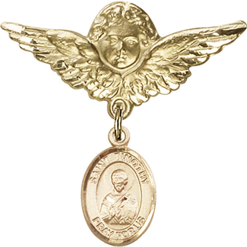 St. Timothy Gold Filled Baby Badge with Angel Wing Charm - 1 1/8 Inch Religious Pin for Christening, Baptism & First Communion Gifts