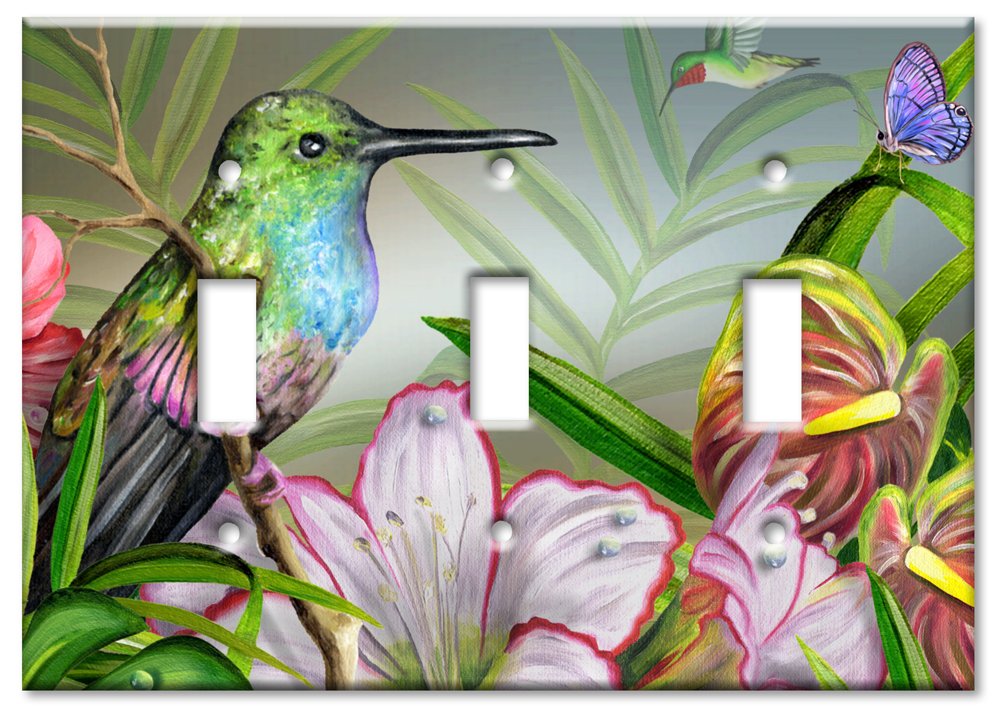 Oversized Triple Gang Toggle Switch Plate - Decorative Hummingbird Art Metal Wall Plate - Made in USA - Perfect for Living Room, Bedroom & Office Decor