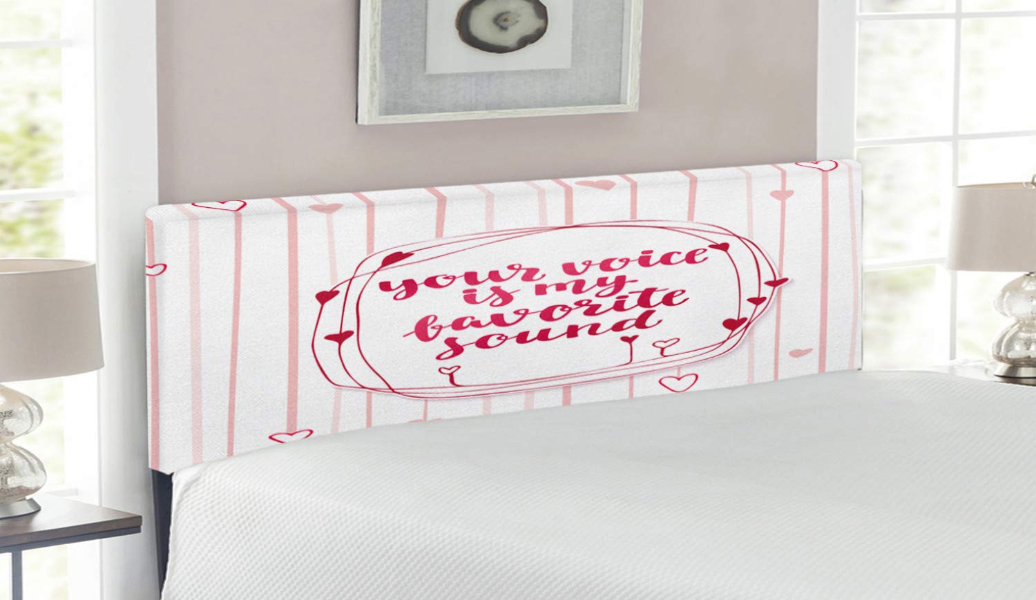 Ambesonne Romantic Love Headboard with Hearts & Calligraphy - Upholstered Metal Bed Frame with Memory Foam, Queen Size in Pink Red Blush | Valentine's Day Decor for Master Bedroom & Couples Retreat
