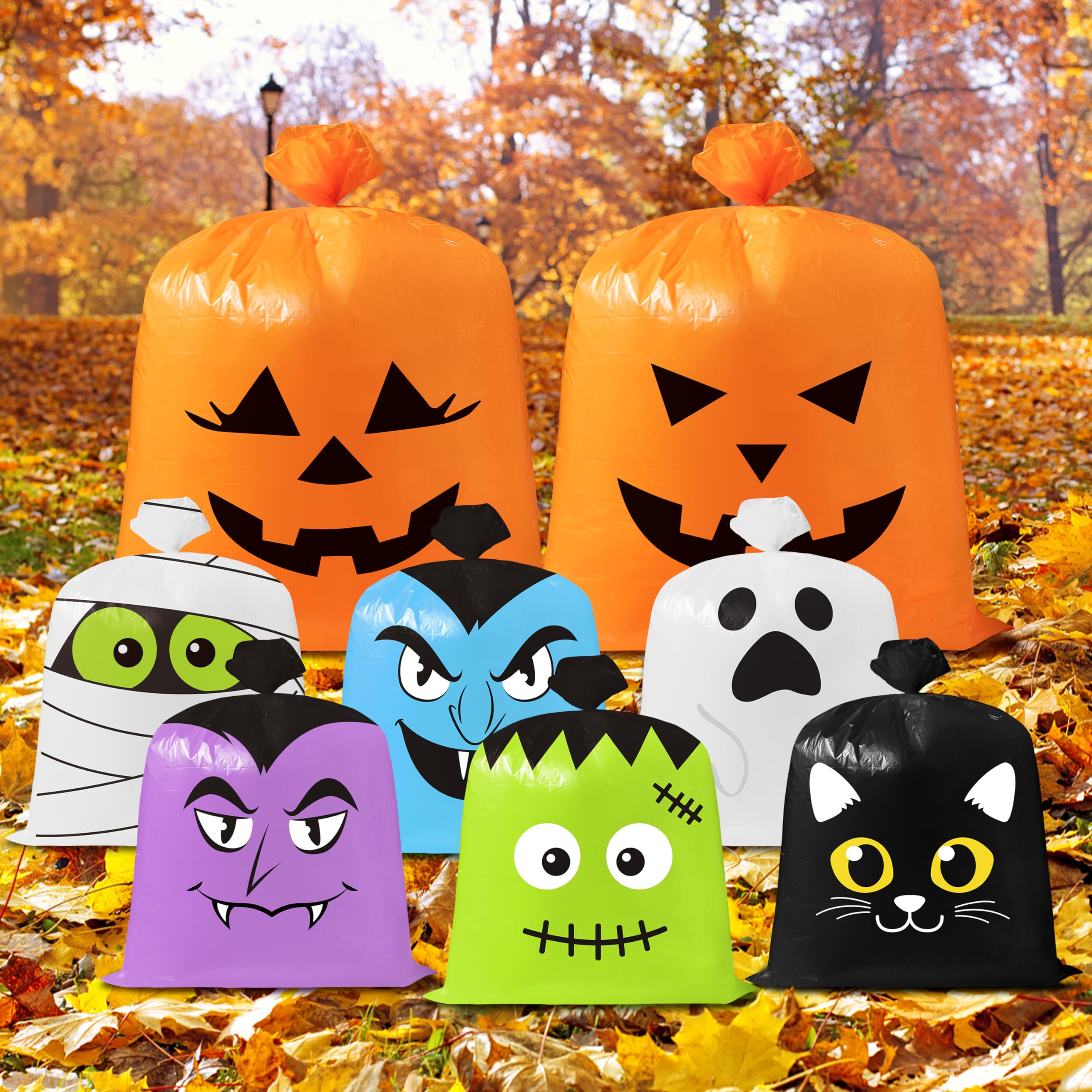 24PCS Halloween Pumpkin Lawn Leaf Bags - Black Cat Ghost Mummy Design with Twist Ties | Large Plastic Yard Waste Bags for Fall Decorations | Perfect for Outdoor Halloween Party, Garden Cleanup & Autumn Yard Decoration