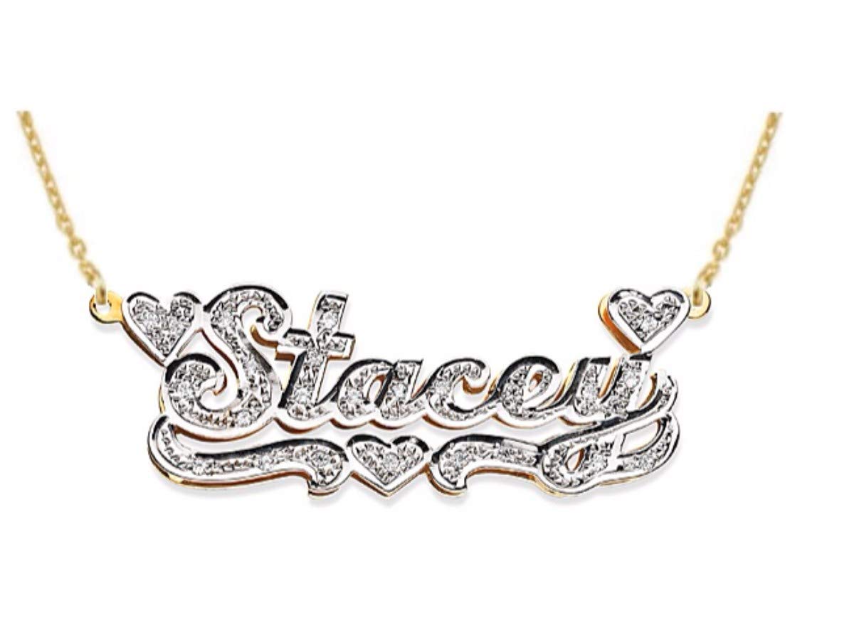 14K White Gold & Yellow Gold Personalized 0.15 Carat Diamond Nameplate Necklace for Women & Men - Custom Engraved Jewelry Gift for Anniversary, Birthday & Special Occasions