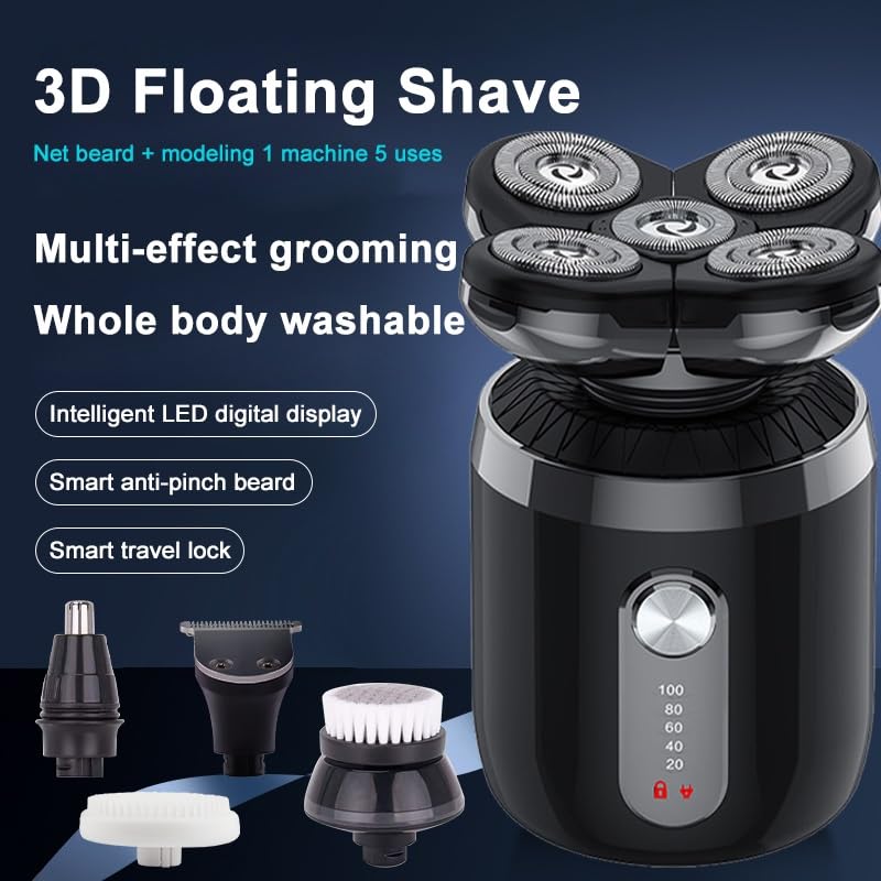 5-in-1 Electric Shaver for Bald Men - USB Rechargeable Waterproof Head & Body Trimmer with Nose Hair Remover - Portable Men's Grooming Kit for Travel, Gym & Home Use - Black