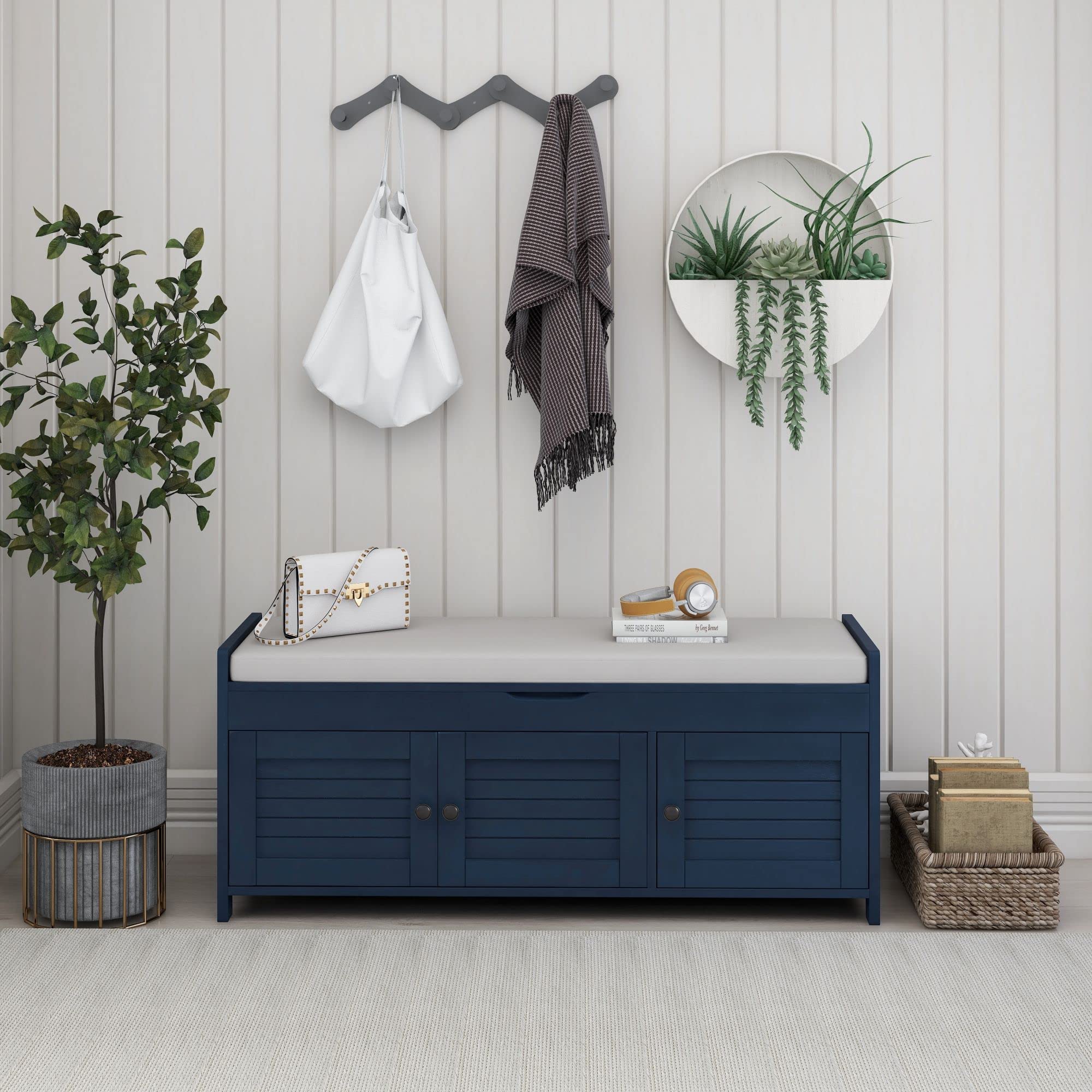 SOFTSEA Shoe Storage Bench with Shutter Doors - Entryway Organizer Bench with Removable Cushion & Hidden Storage Compartment - Perfect for Hallway, Mudroom & Small Space Organization (Antique Navy, Assembly Required)