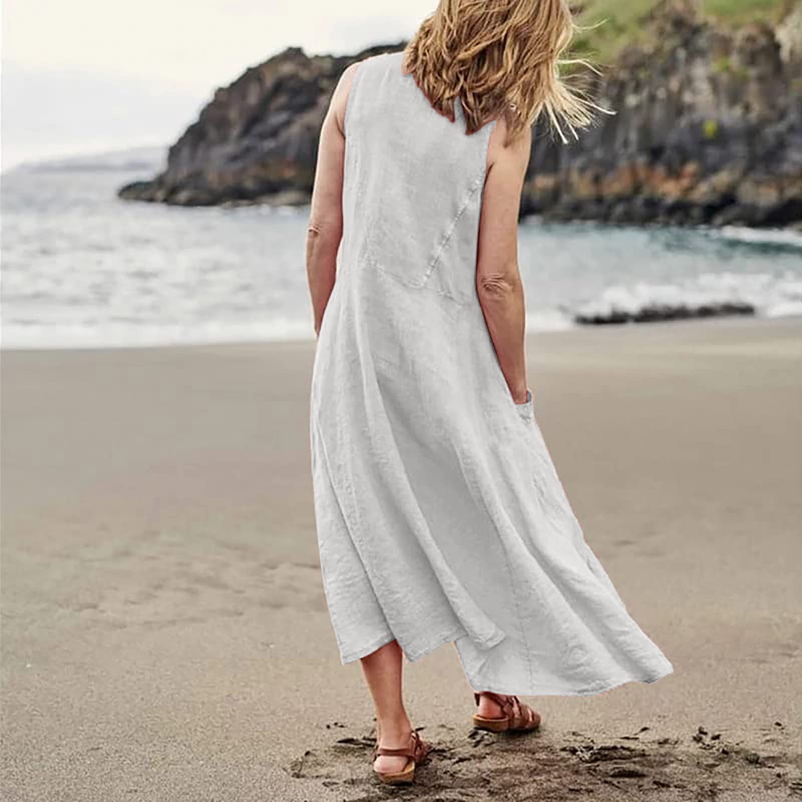Women's Summer Casual Sleeveless Cotton Linen Dress with Pockets - Solid Neutral Colors for Beach, Vacation & Everyday Wear