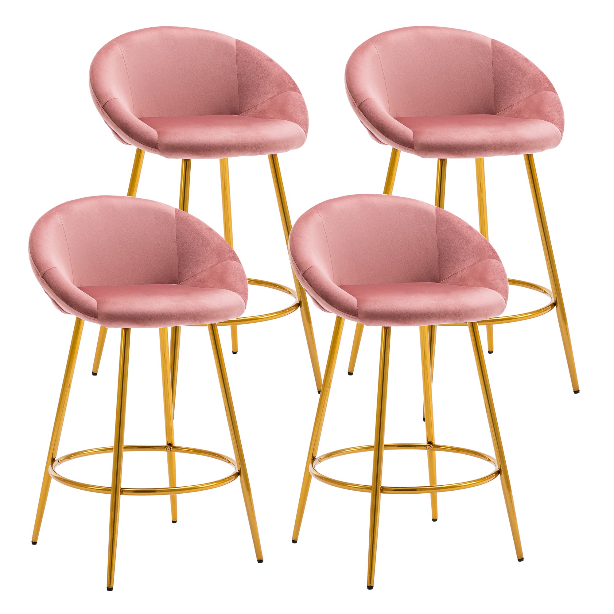 Velvet Counter Stools Set of 4 - 26 Inch Modern Kitchen Island Bar Stools with Low Back & Gold Footrest - Pink Upholstered Dining Chairs for Breakfast Nook, Home Bar & Restaurant Decor