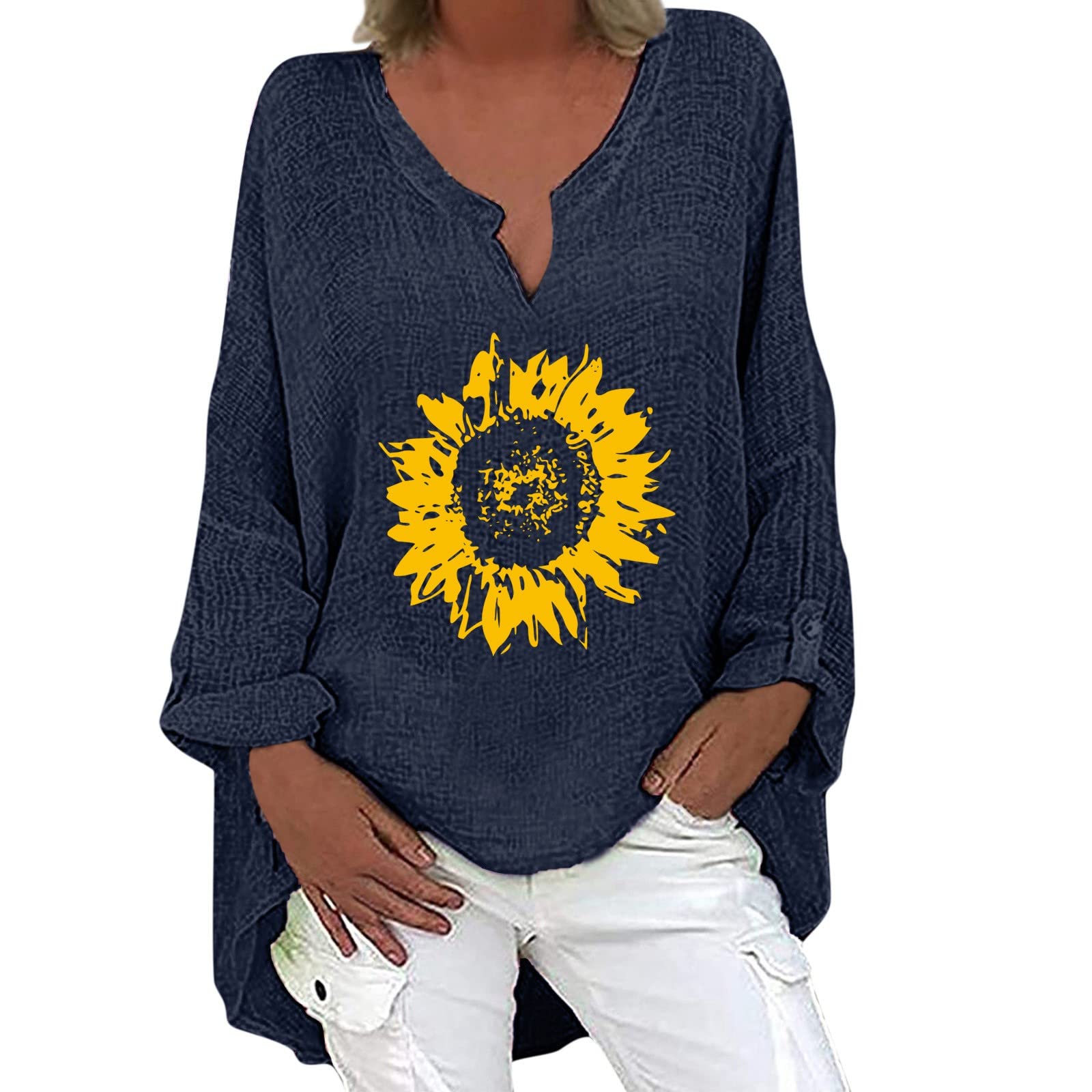Women's Floral Printed V-Neck Long Sleeve Active T-Shirt - Casual Irregular Hem Top for Yoga, Running & Everyday Wear