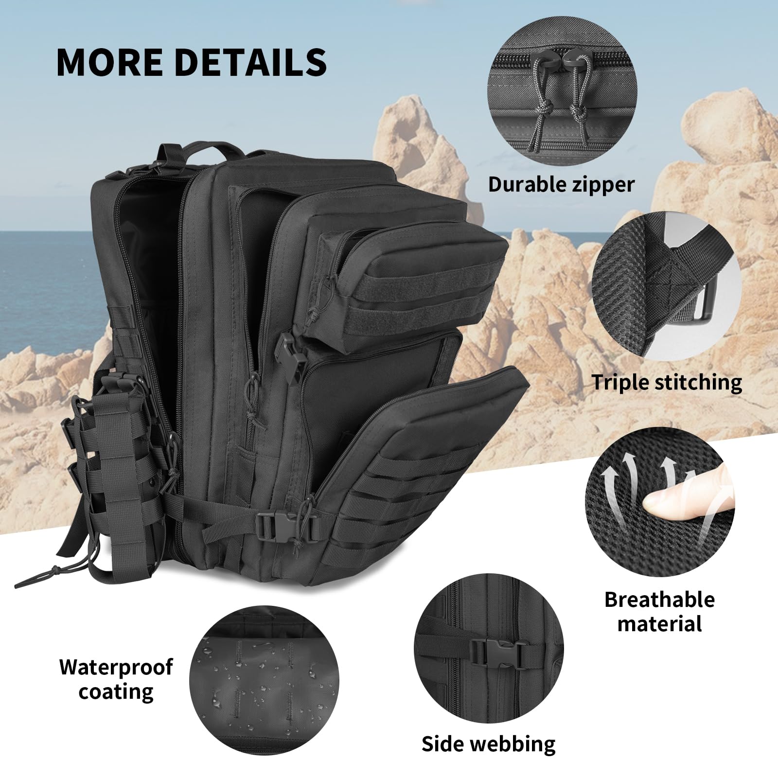 45L Tactical Backpack for Men - Military Molle Assault Pack 3-Day Bug Out Bag with Hydration Compatible Pouch | Waterproof Hiking Backpack for Camping, Travel & Outdoor Adventures (Black)