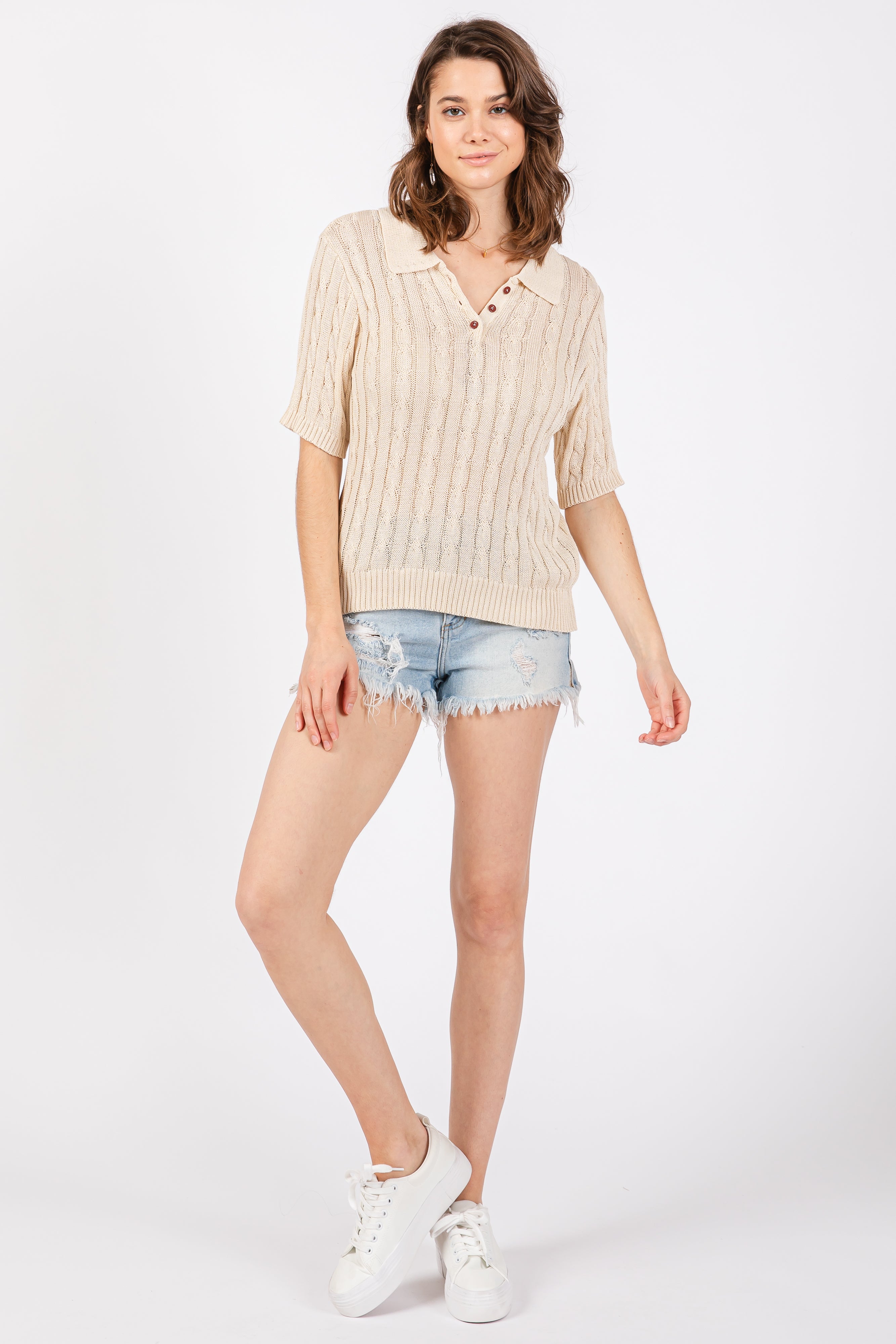 Beige Knit Button Collar Blouse for Women - Elegant Casual Tops for Office, Date Night & Spring Outfits