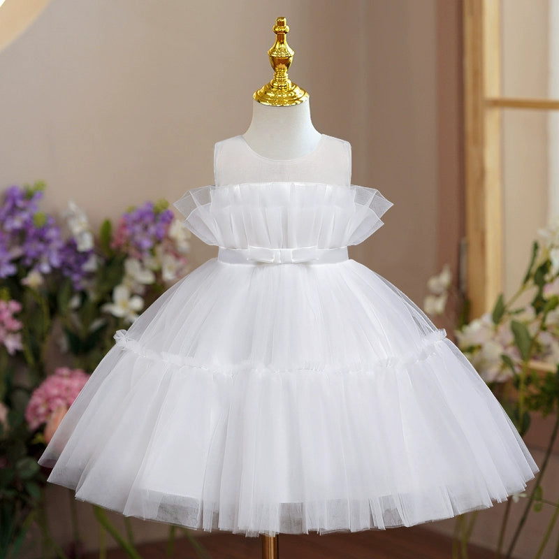 White Princess Round Tea Length Tulle Flower Girl Dress for Weddings, Baptisms & Special Occasions