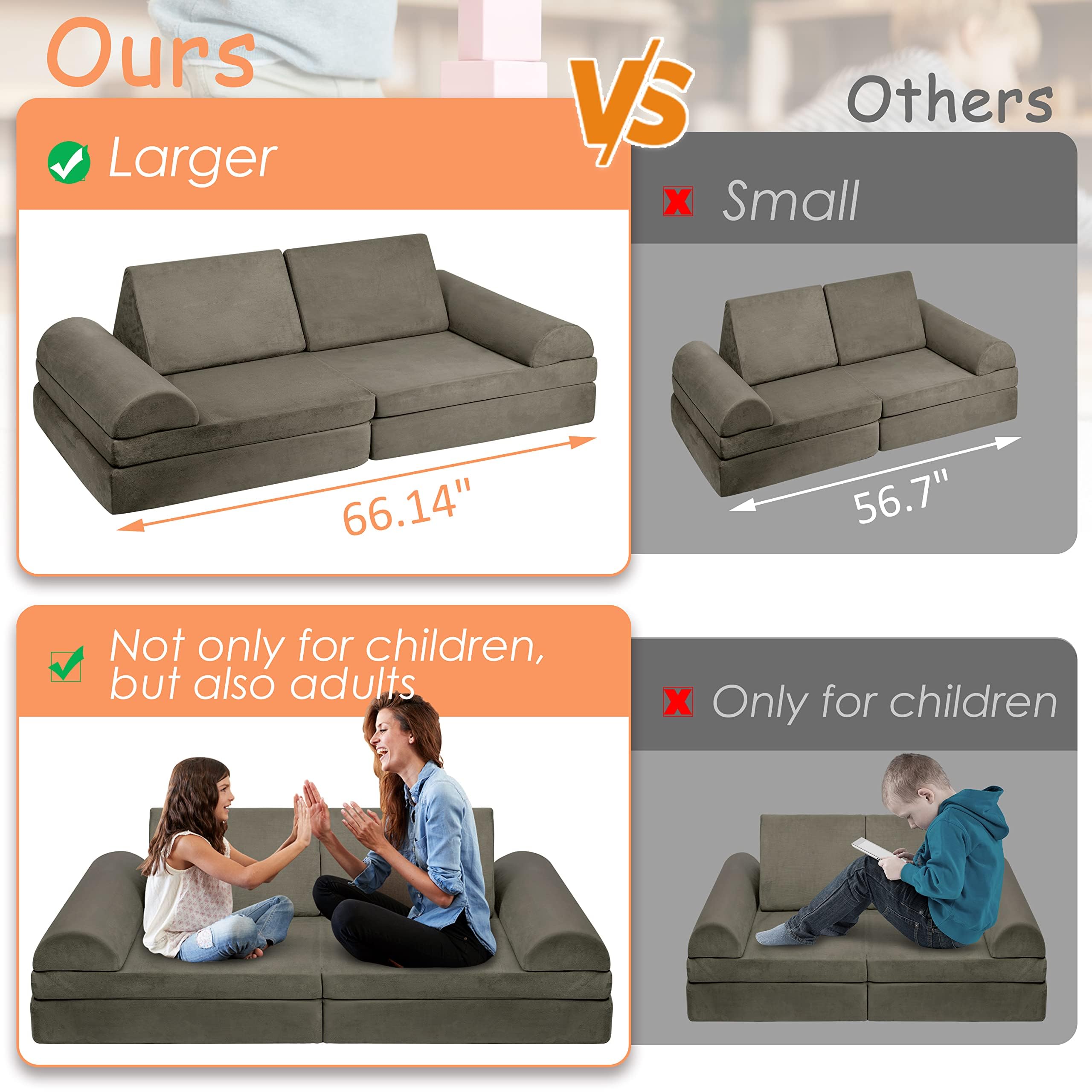 **Large Modular Play Couch for Kids – Convertible Foam Cushion Sofa for Boys & Girls, Charcoal Grey – Perfect for Playroom, Bedroom & Building Forts**