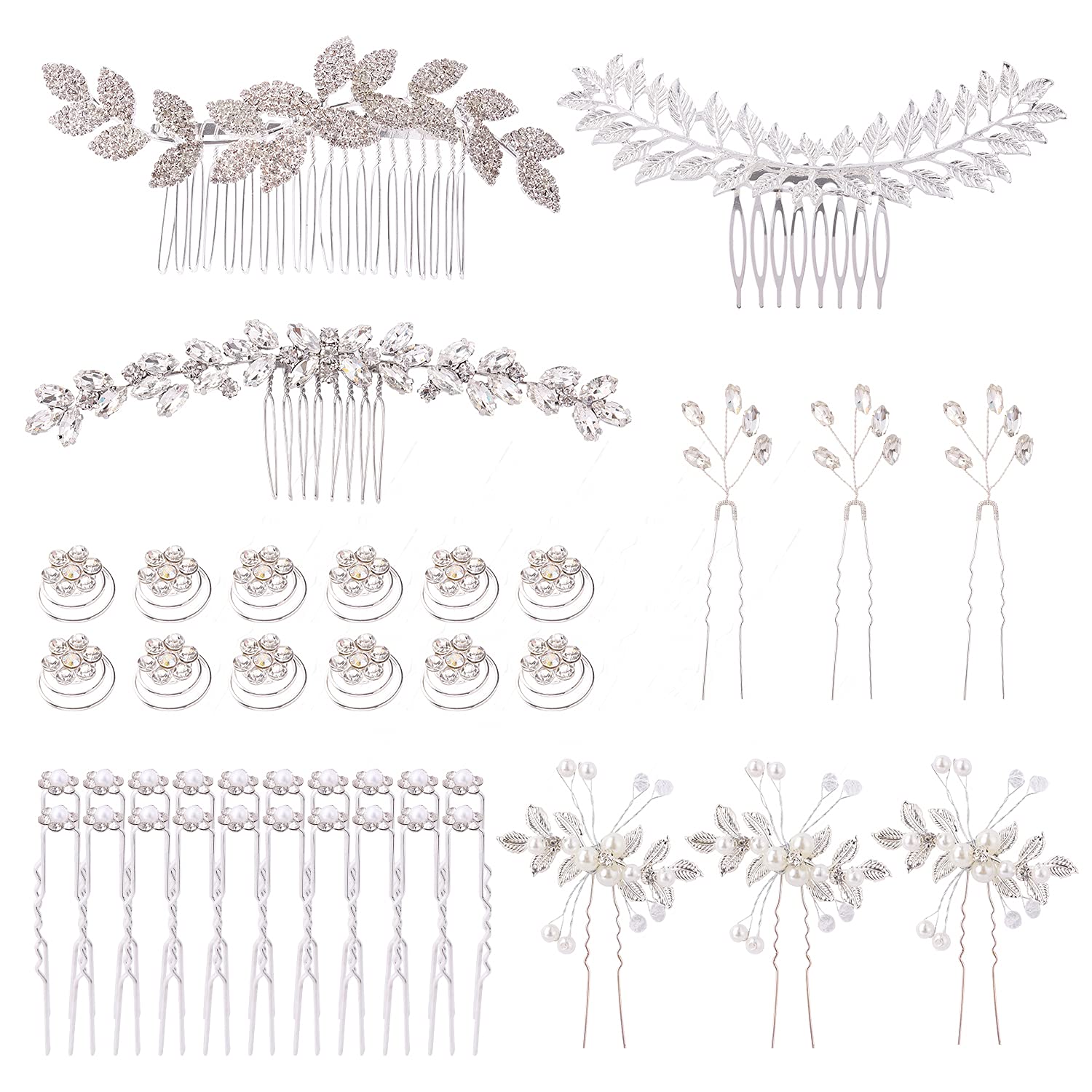 Sparkly Silver Rhinestone Leaf Flower Pearl Hair Combs & Pins Set - 41 Pack Bridal Hair Accessories for Women, Girls, Brides & Bridesmaids - Perfect for Weddings, Proms, Parties & Special Occasions