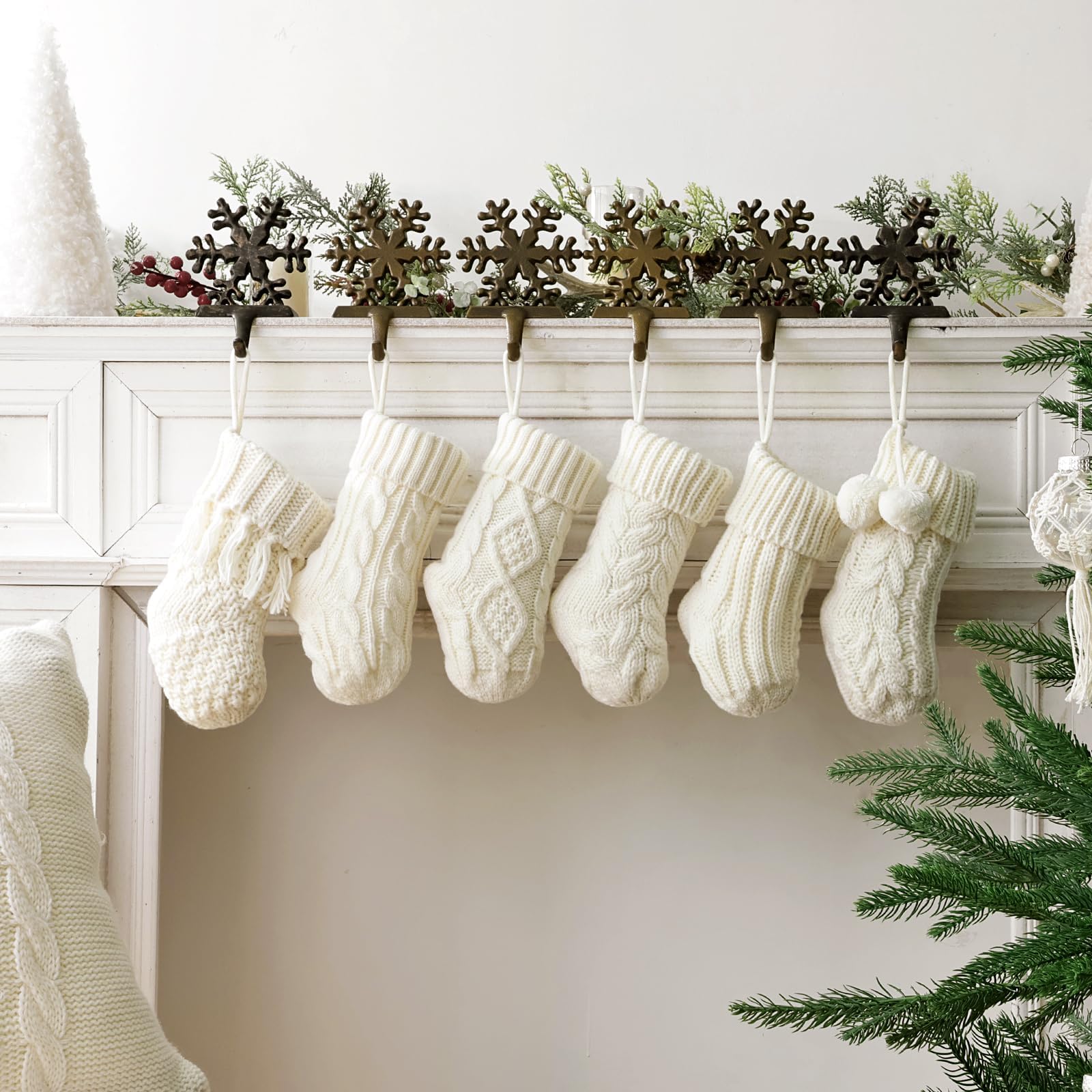 6 Pack Mini Knitted Christmas Stockings - 9 Inch Beige Cable Knit Fireplace Stockings for Holiday Decor | Rustic Boho Style Handmade Xmas Stocking Decorations | Perfect for Family Christmas, Fireplace Mantel & Cozy Home Décor (Cream White)